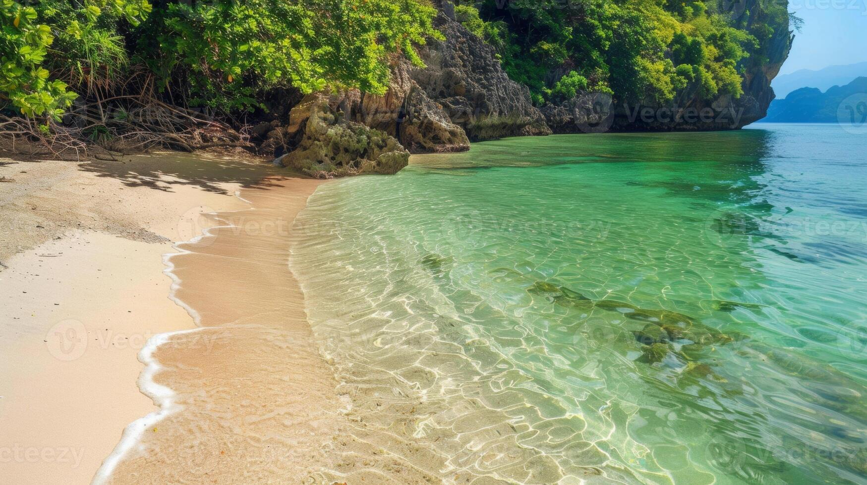 A pristine tropical beach featuring golden sand and crystal clear water, surrounded by lush greenery and rocky cliffs. photo
