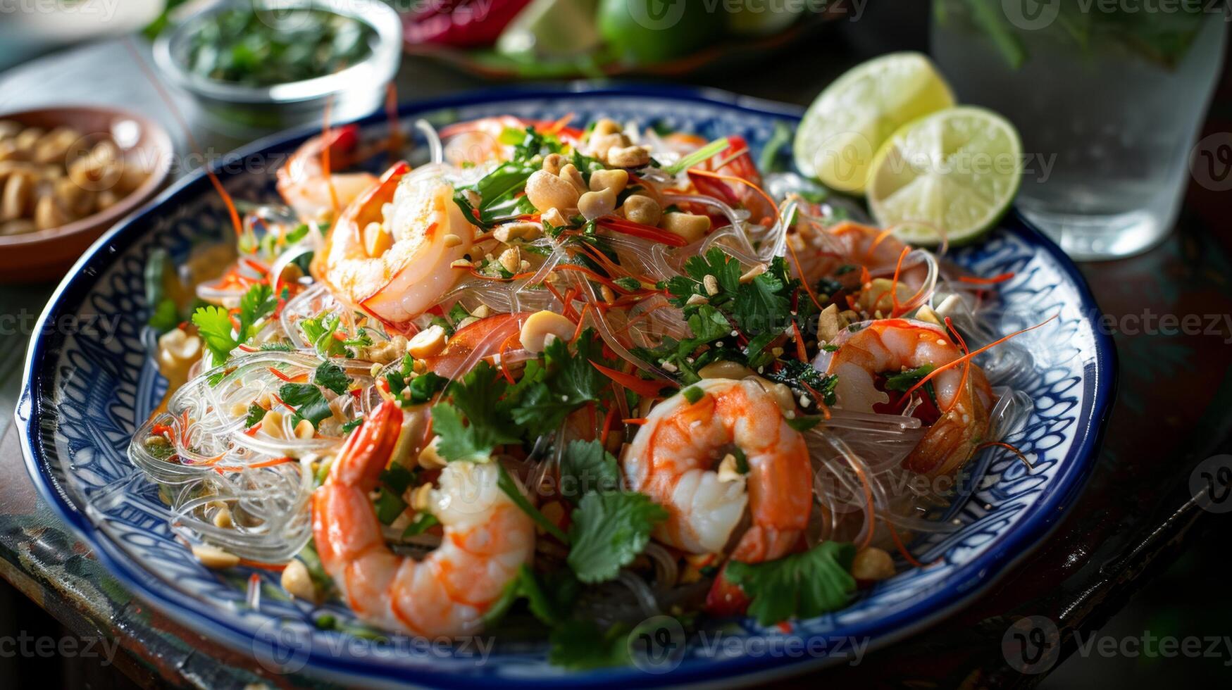 A vibrant Thai glass noodle salad with shrimp, garnished with fresh herbs, peanuts, and lime wedges, served on a decorative plate. photo