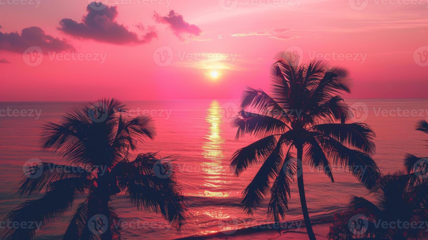 A stunning tropical beach sunset with silhouetted palm trees, creating a vibrant and serene coastal scene. photo