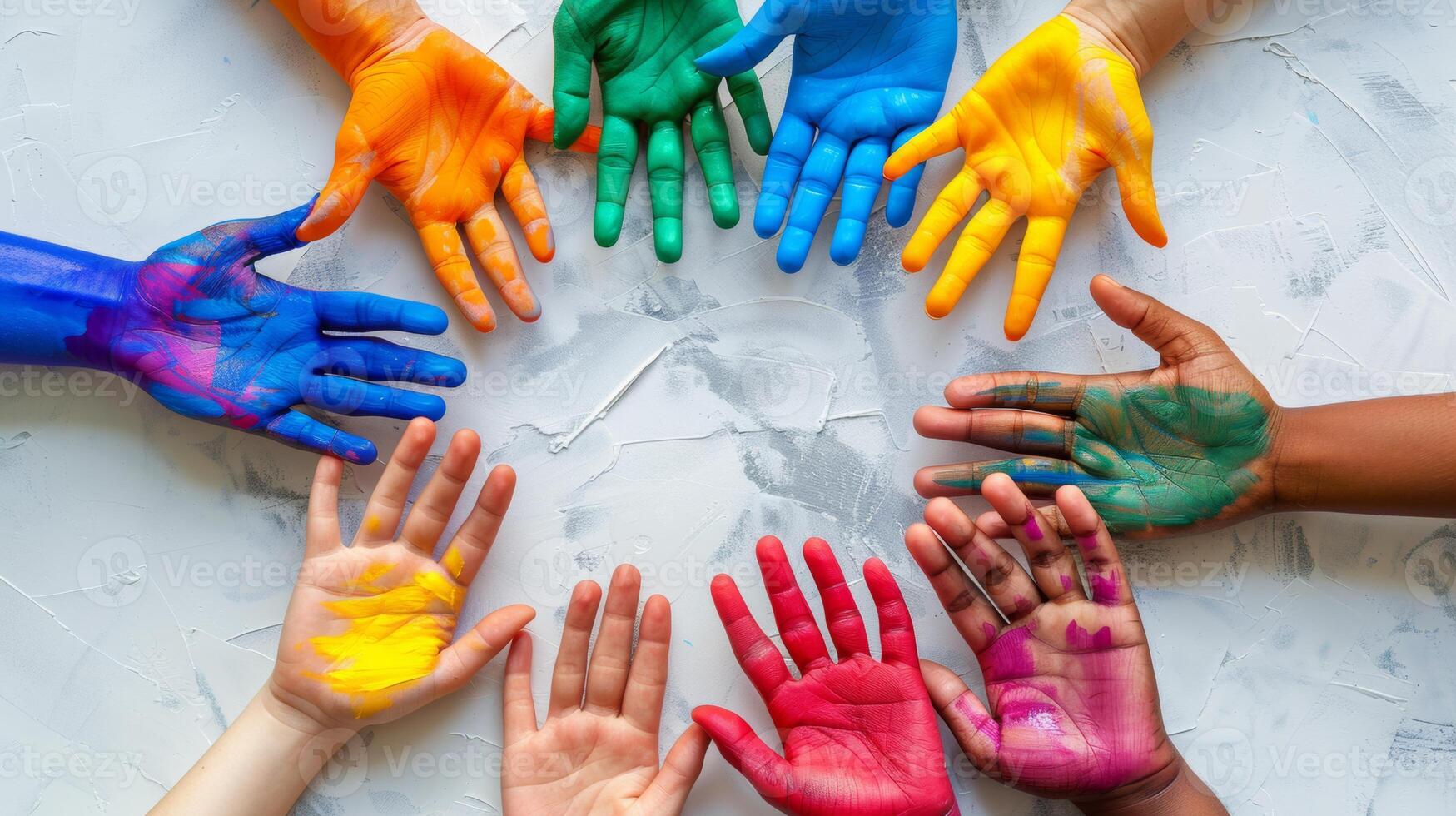 Diverse hands painted in vibrant colors arranged in a circle, symbolizing creativity, unity, and diversity in a playful and artistic manner. photo