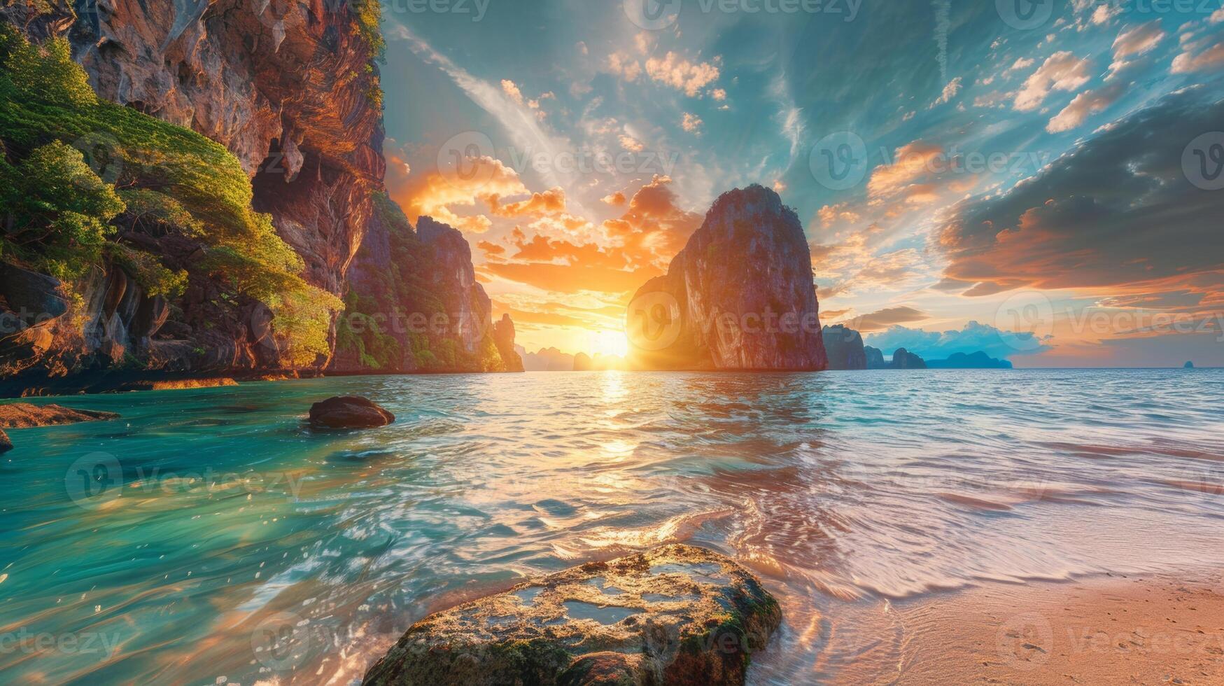 A stunning sunset over a tropical beach, featuring turquoise waters, rocky cliffs, and lush greenery, creating a serene paradise. photo