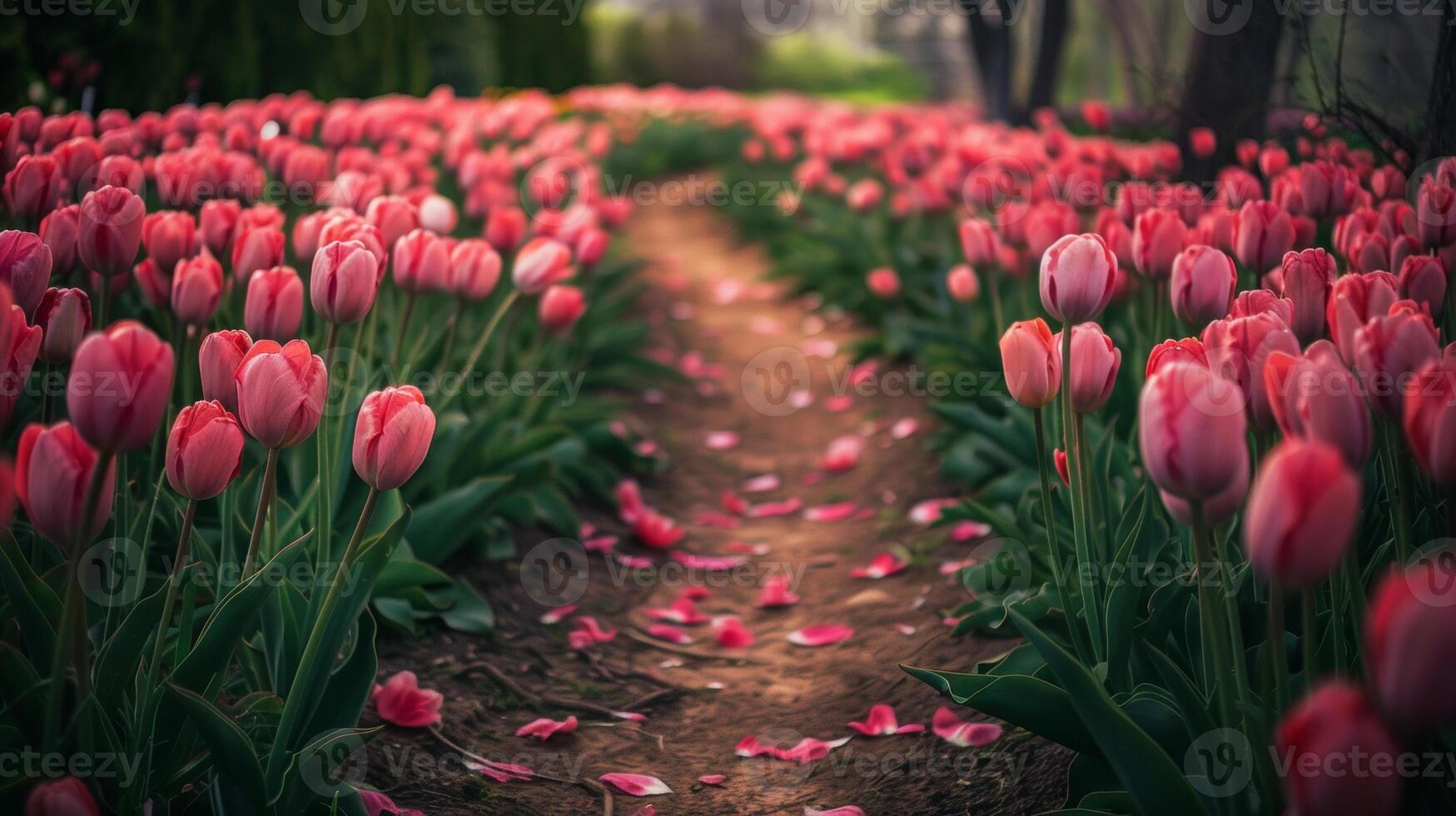 A dirt pathway winds through a vibrant field of blooming pink tulips, with fallen petals scattered along the way. photo