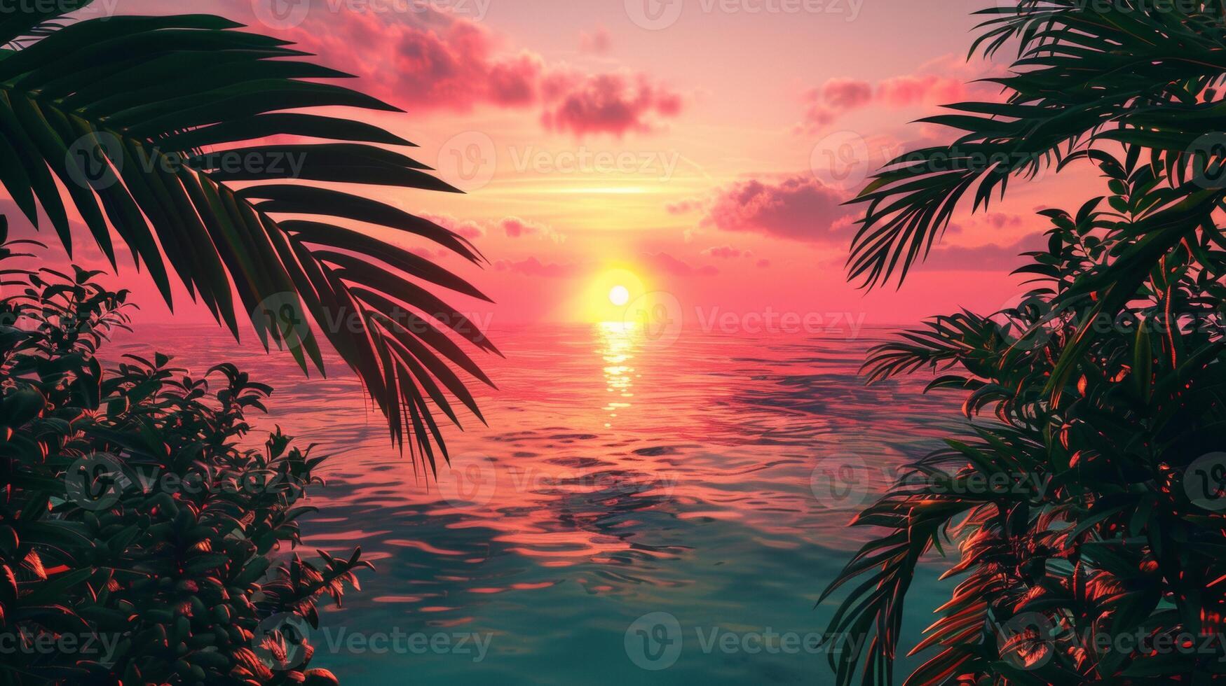 A stunning tropical sunset over the ocean, framed by lush palm leaves and vibrant, colorful skies. photo