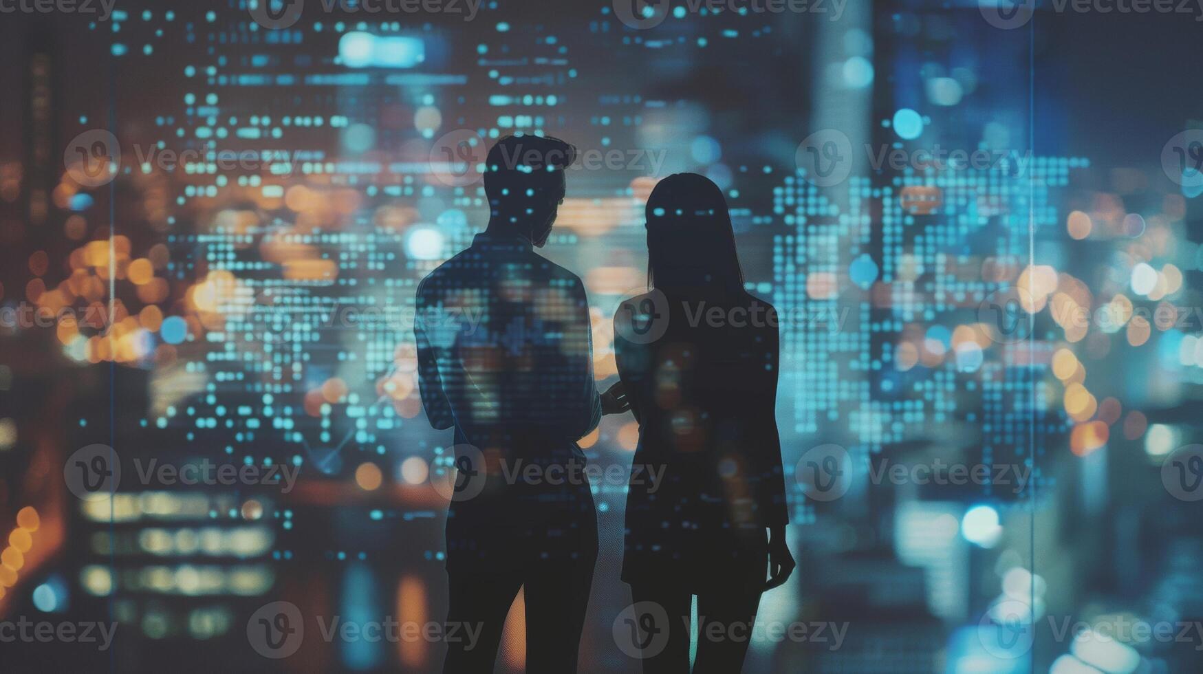 Silhouetted professionals stand in a high-tech office, discussing against a backdrop of digital data and a city skyline illuminated at night. photo