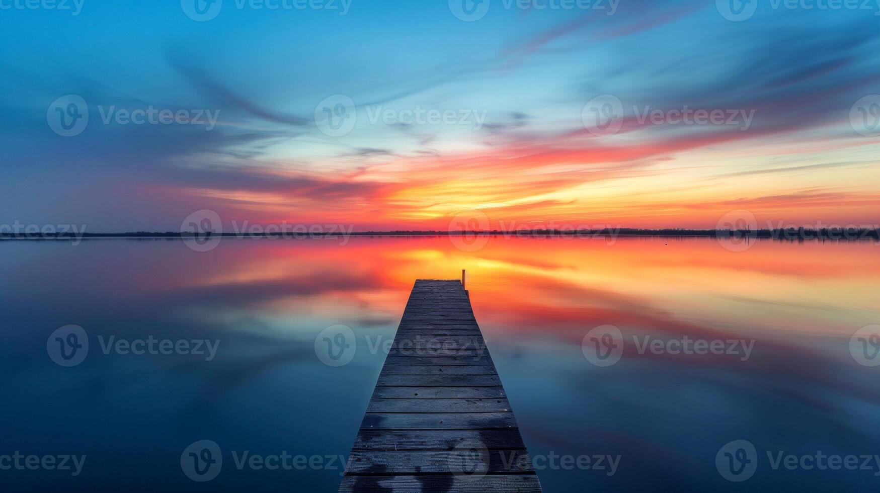 A serene sunset over calm waters, with a wooden pier extending into the horizon, creating a peaceful and reflective scene. photo