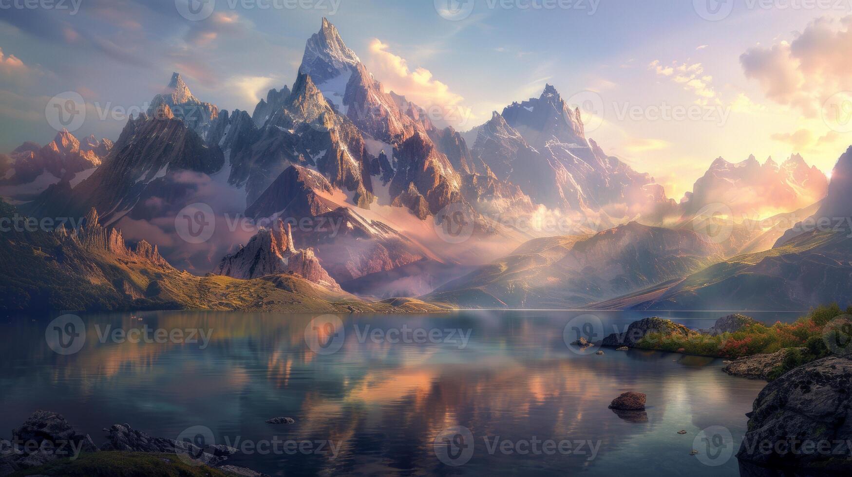 A breathtaking view of a majestic mountain range reflecting in a tranquil lake with mist and sunlight creating a serene atmosphere. photo