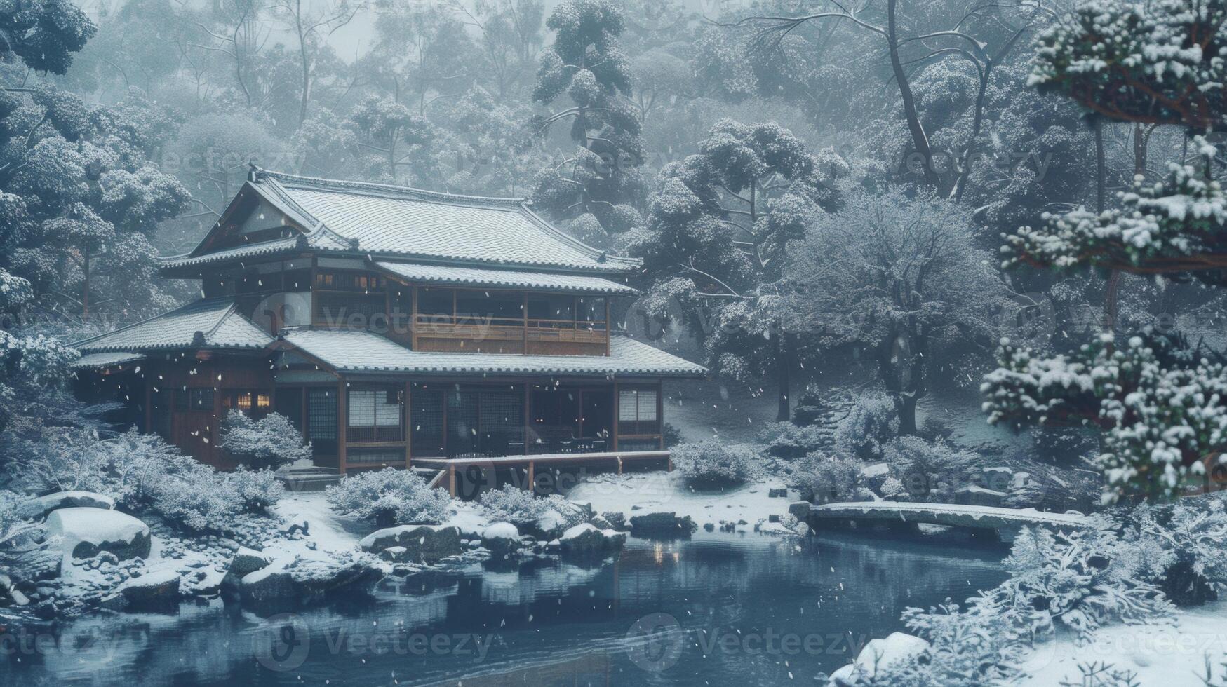A serene traditional Japanese house surrounded by a snow-covered garden and trees, creating a tranquil winter wonderland scene. photo