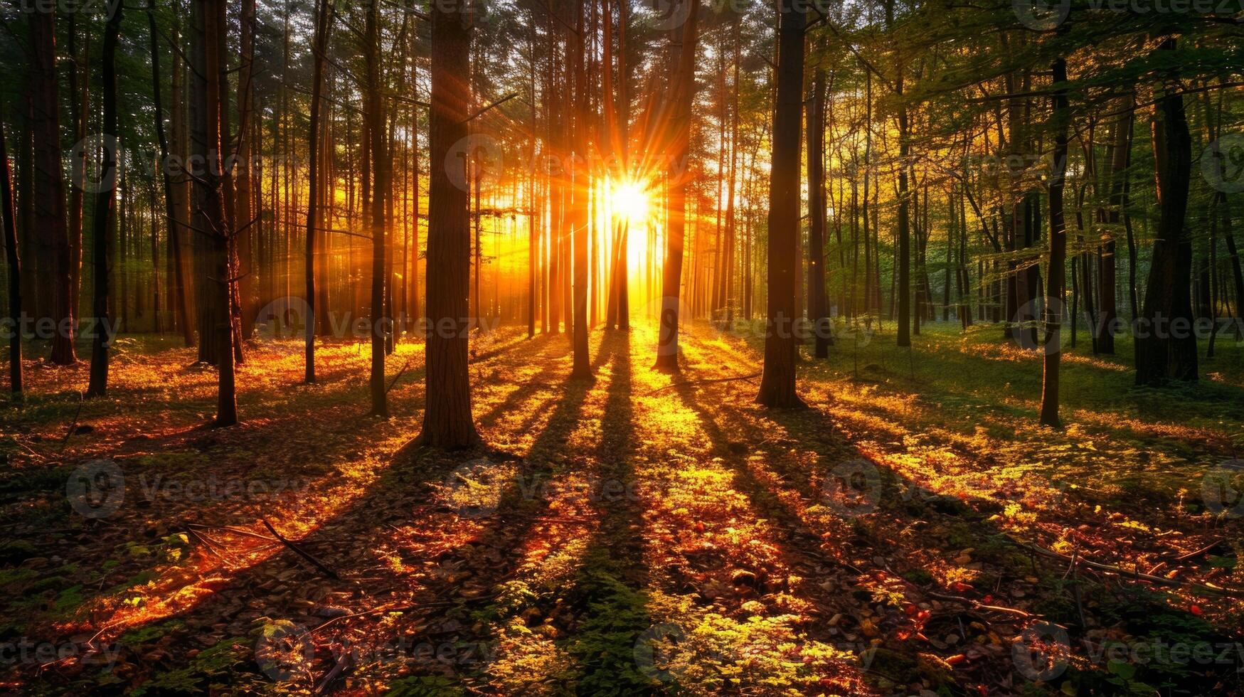 Golden sunlight streams through the trees in a tranquil forest, casting long shadows and illuminating the forest floor with a warm glow. photo