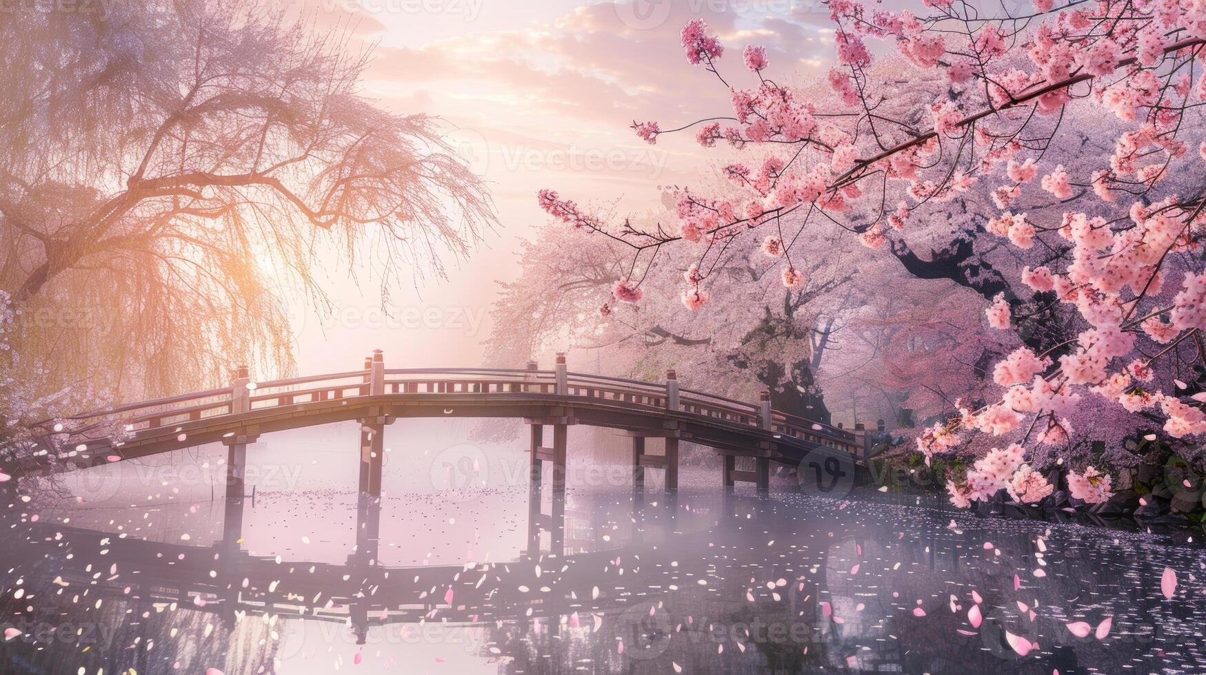 A serene bridge surrounded by blossoming cherry trees, with petals falling gently into the water, illuminated by a beautiful sunset. photo