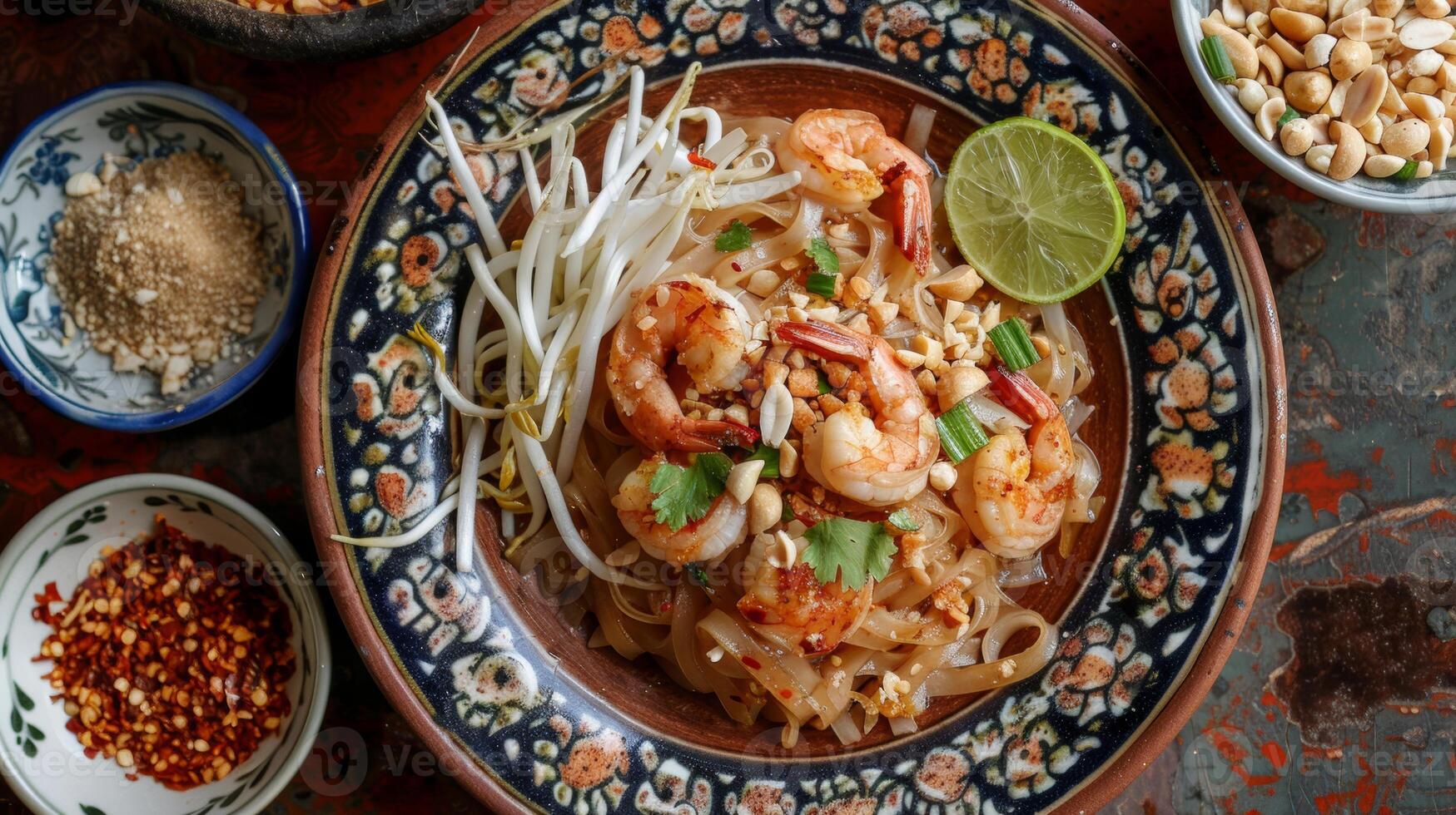 A beautifully presented plate of authentic Pad Thai with shrimp, lime, peanuts, and bean sprouts, garnished with fresh cilantro and served with traditional condiments. photo