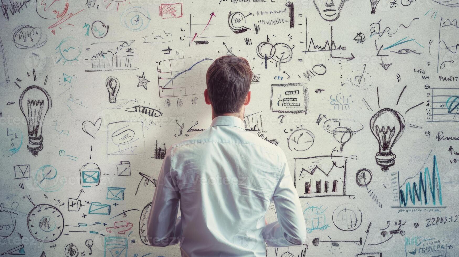 A man stands in front of a whiteboard filled with drawings, charts, and notes, brainstorming creative ideas in a collaborative workspace. photo