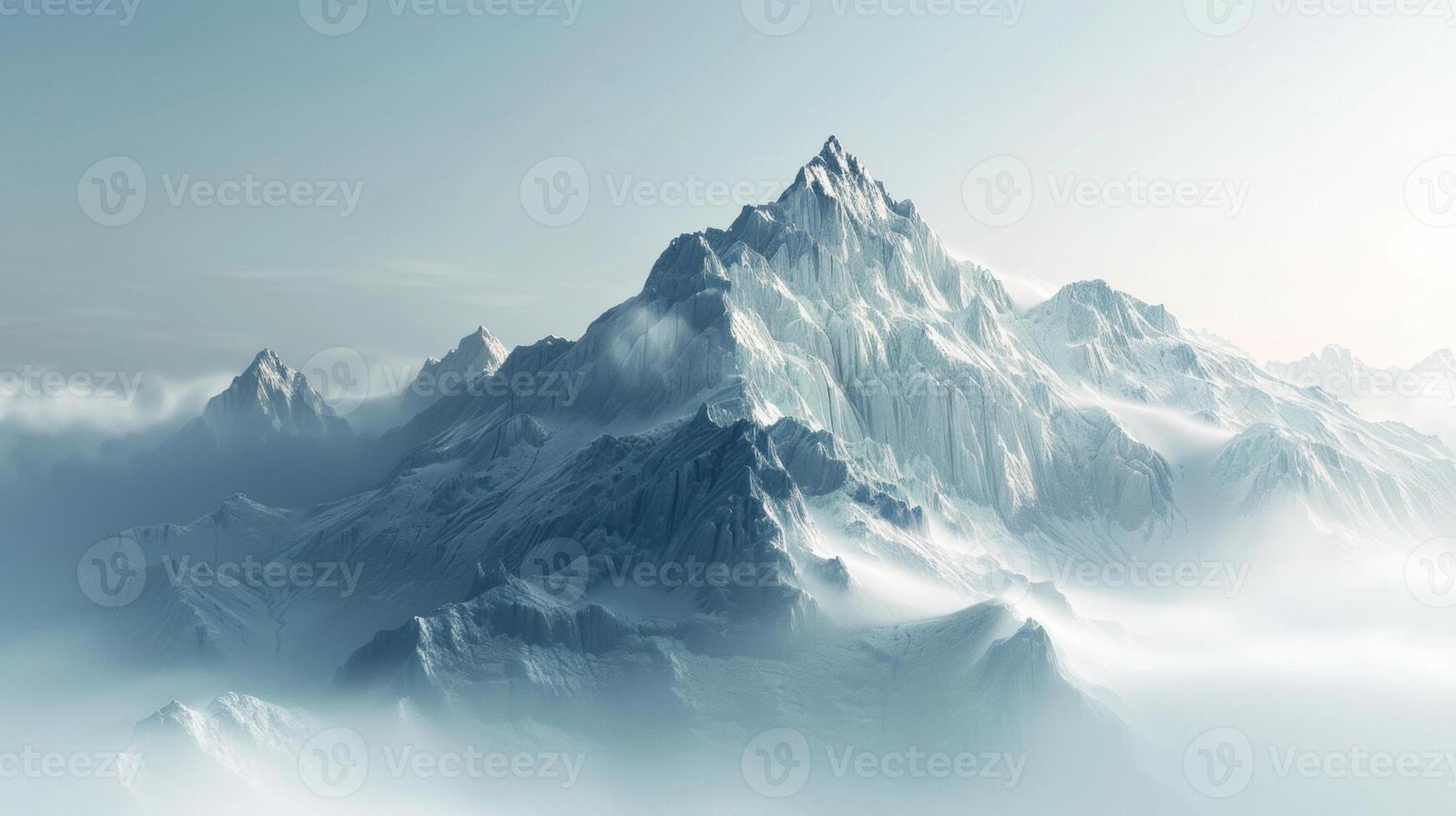 Stunning snow-covered mountain peaks rise above the fog, creating a serene and majestic alpine landscape under a clear sky. photo
