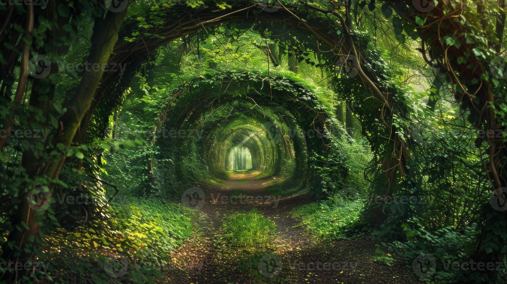 An enchanting green tunnel formed by lush foliage and intertwined branches creates a magical pathway through the forest. photo