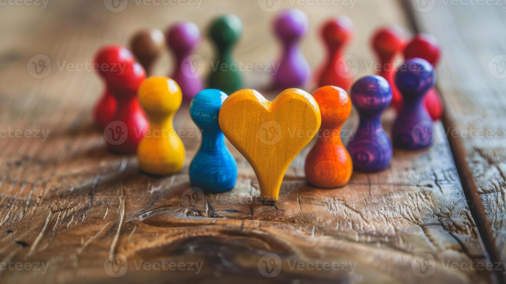 A group of colorful wooden figurines encircle a central heart-shaped figure on a rustic wooden table, symbolizing love and community. photo