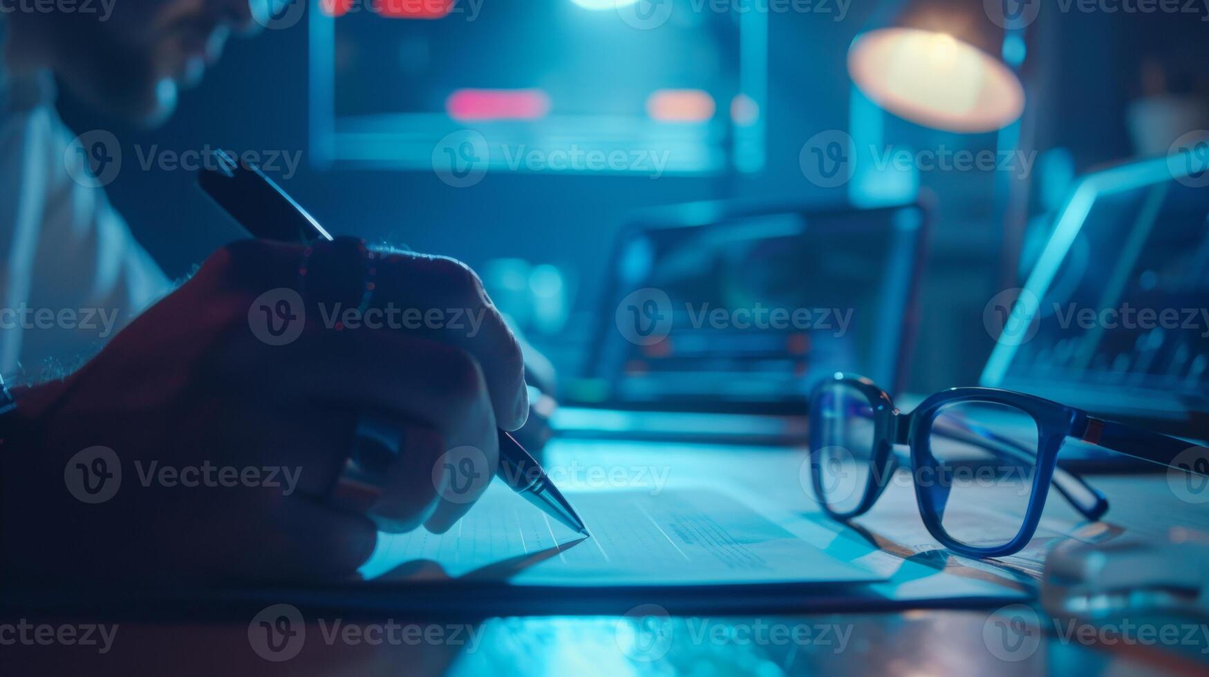 Close-up of a person writing on paper at a desk in a dimly lit office with a laptop and eyeglasses. photo