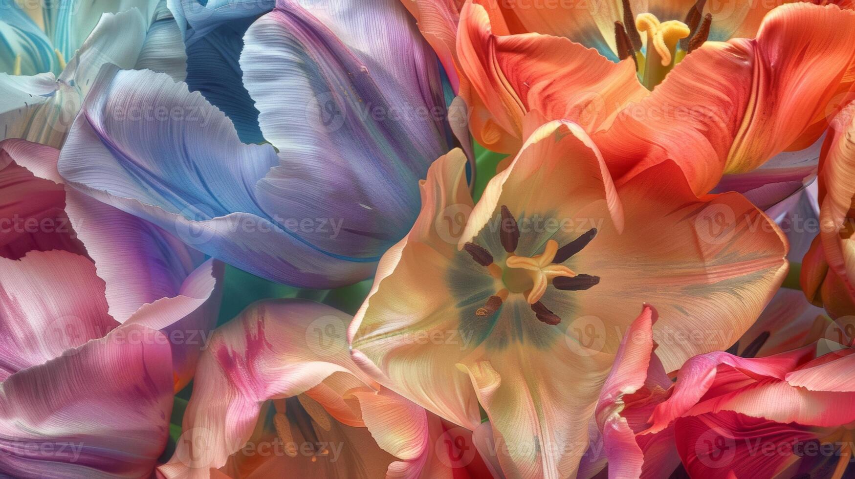 A close-up view of vibrant multicolored tulip blossoms showcasing their delicate petals and rich hues, creating a stunning floral display. photo
