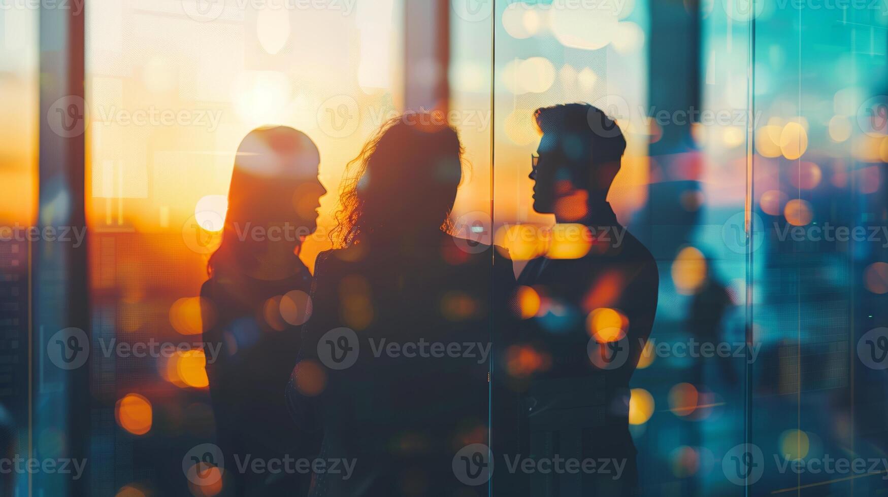 A team of professionals having a meeting at sunset, silhouetted against a city skyline, creating a warm, collaborative atmosphere. photo