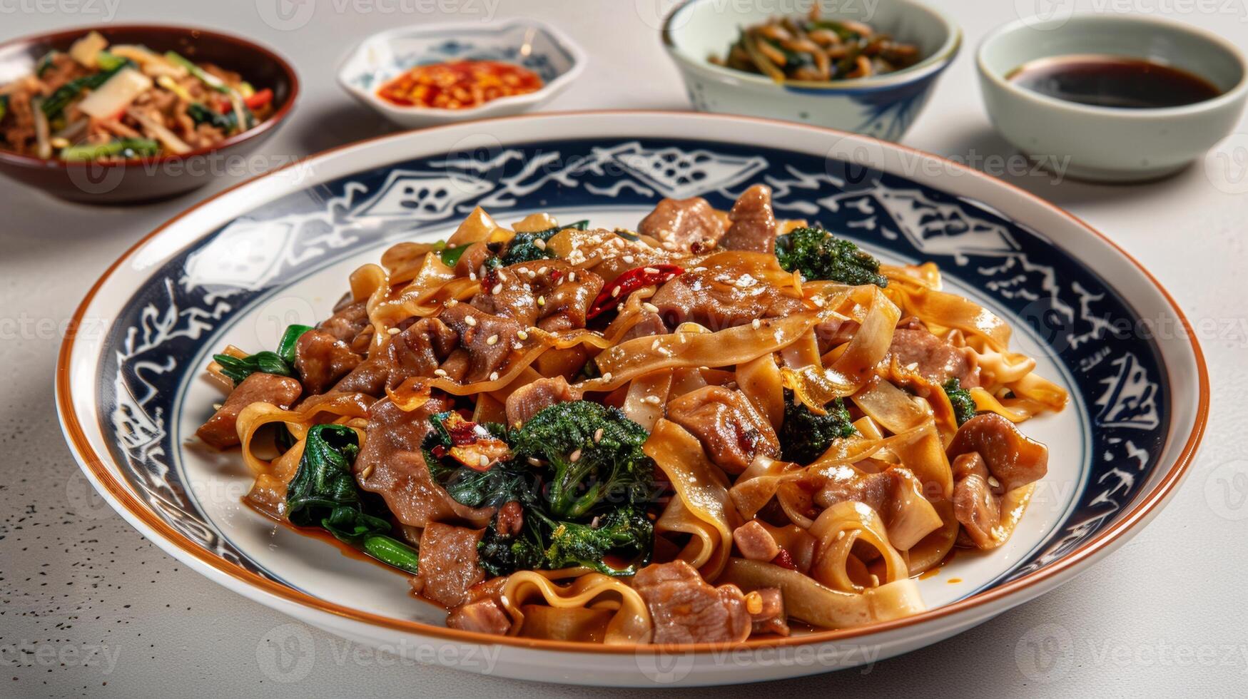 Delicious stir-fried noodles with tender pork and fresh vegetables, garnished with sesame seeds, served in a decorative bowl, Thai food. photo