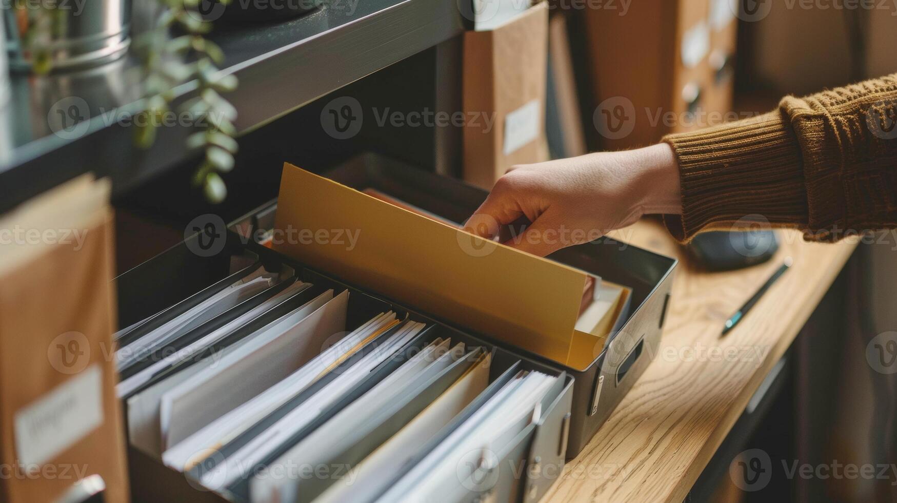 A person organizing files in an office, highlighting efficient document management and a well-organized workspace. photo