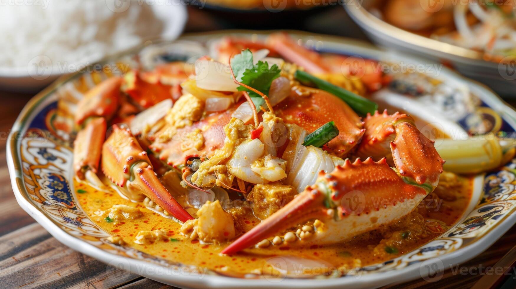 Delicious spicy crab curry served with rice and garnished with vegetables, showcasing a flavorful and aromatic seafood dish, Thai food. photo