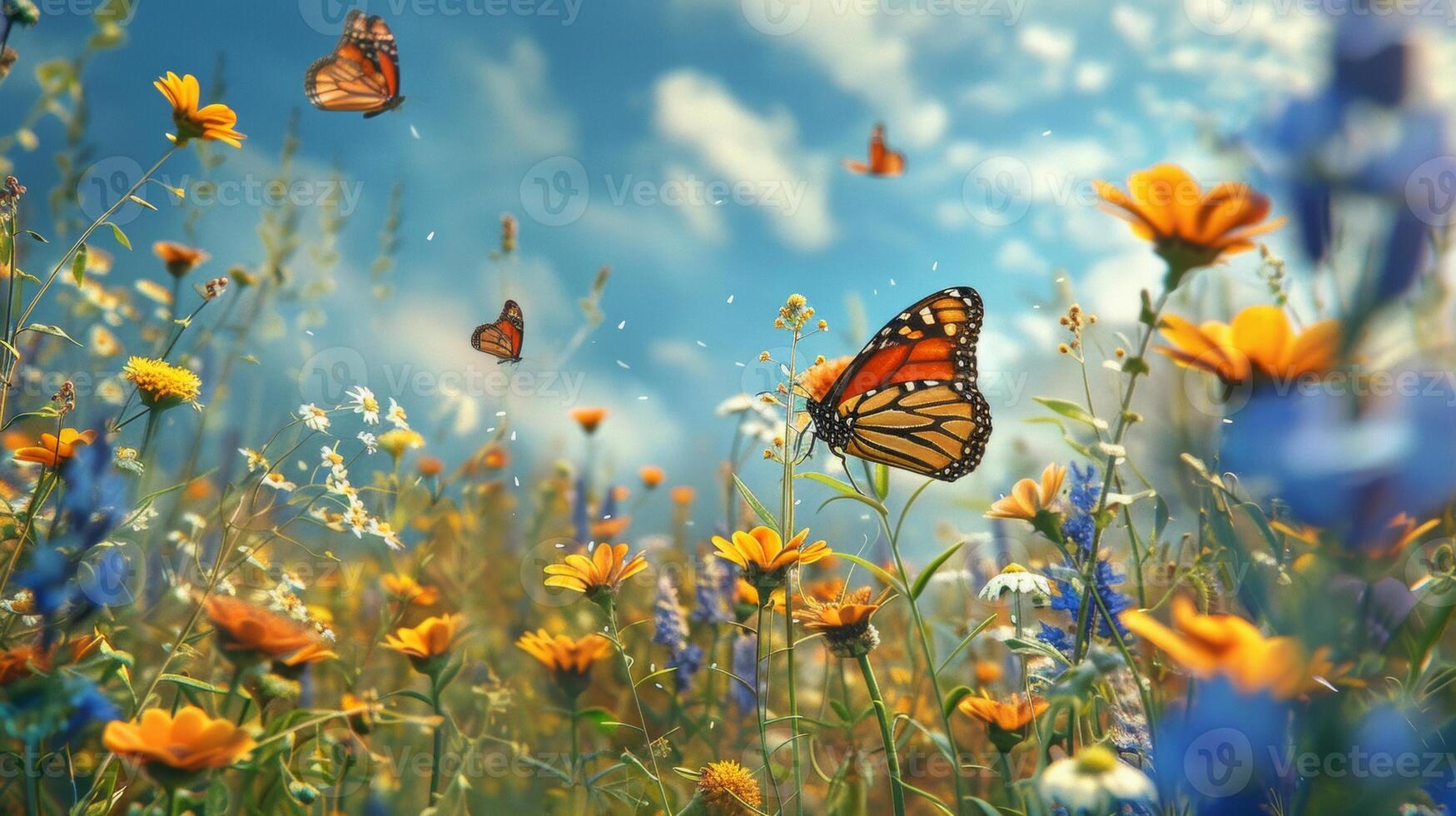 A vibrant meadow filled with wildflowers and butterflies fluttering in the warm sunlight under a bright blue sky. photo