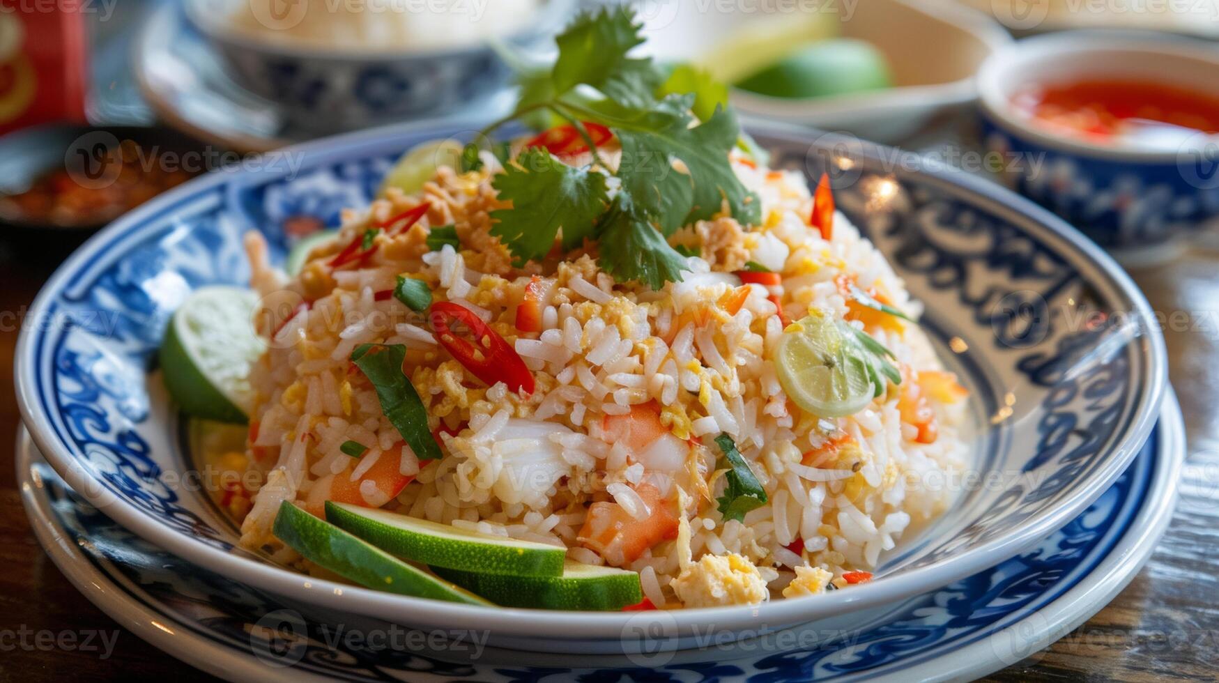A delectable plate of Thai fried rice with crab, garnished with cucumber slices, cilantro, and lime, served with chili sauce on a decorative dish, showcasing authentic Thai cuisine. photo