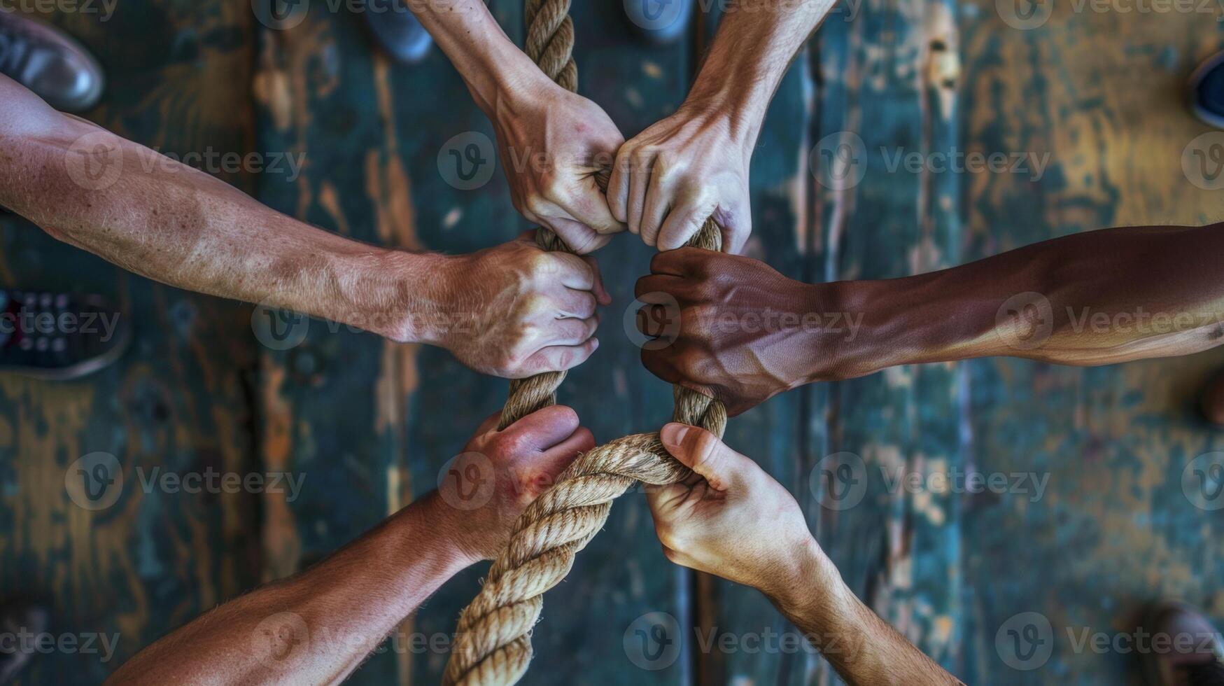 A group of diverse hands gripping a rope together, symbolizing teamwork, strength, and unity in collaborative efforts. photo