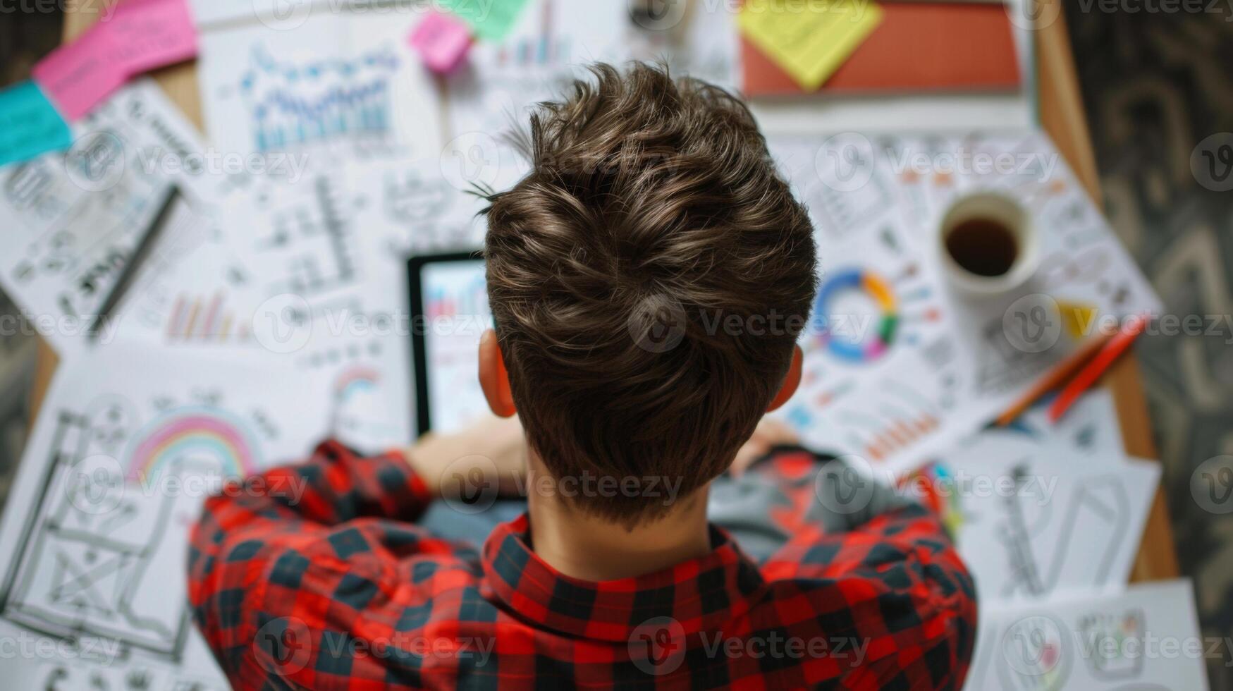 A man in a plaid shirt works on a tablet, surrounded by various creative papers and charts, with a cup of coffee nearby. photo