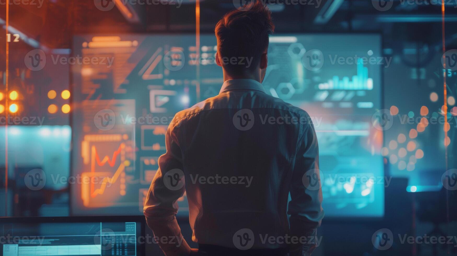A man stands in front of a large futuristic digital display analyzing complex data and charts in a high-tech, dimly lit environment. photo