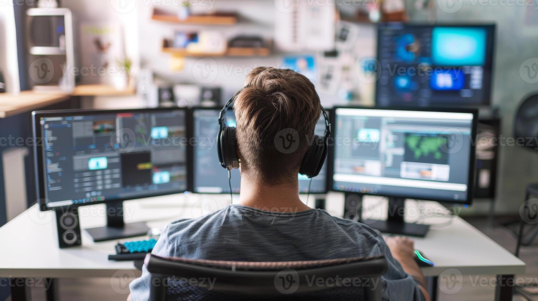A man wearing headphones works on editing software displayed on multiple monitors in a modern, tech-savvy office setup. photo