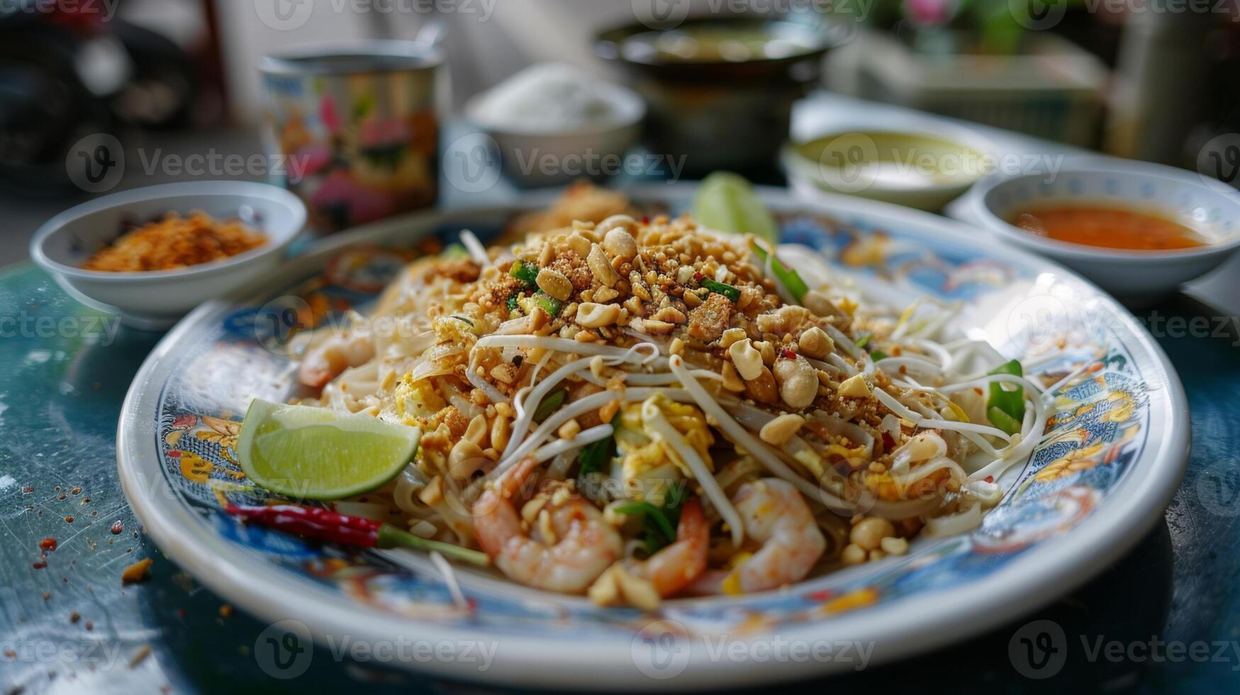 Delicious plate of authentic Pad Thai garnished with shrimp, peanuts, lime, and bean sprouts, served with condiments on the side. photo