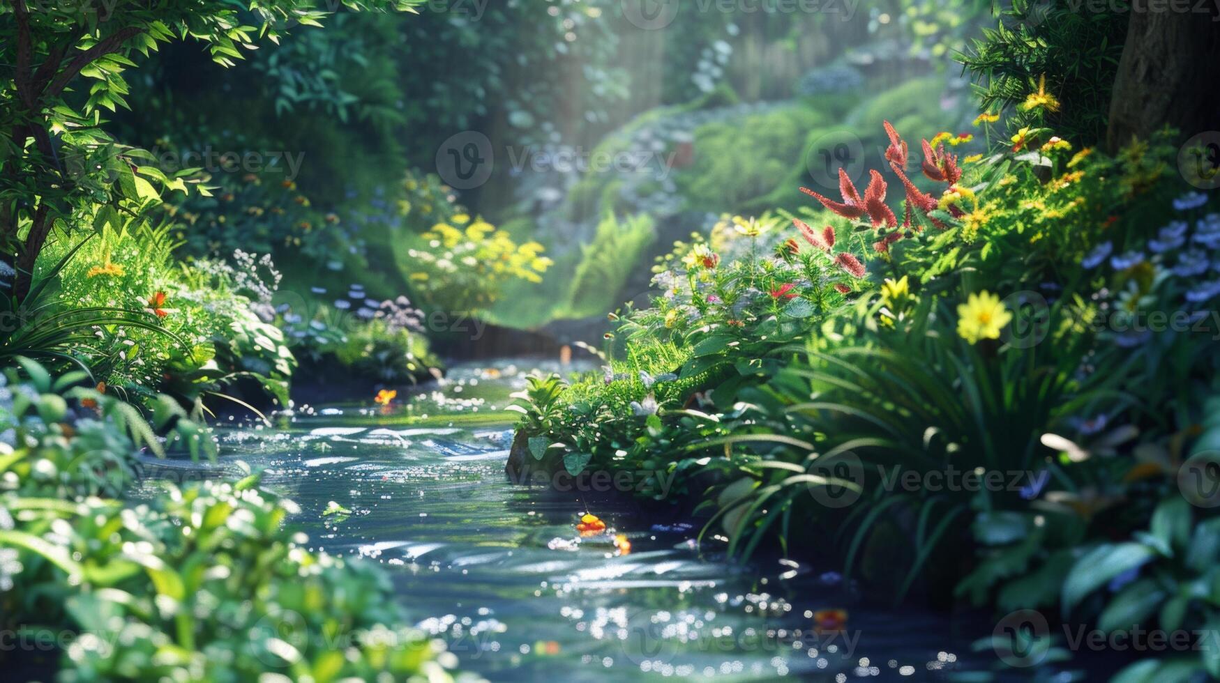 A serene stream flowing through a lush garden, surrounded by vibrant flowers and greenery, bathed in gentle sunlight. photo