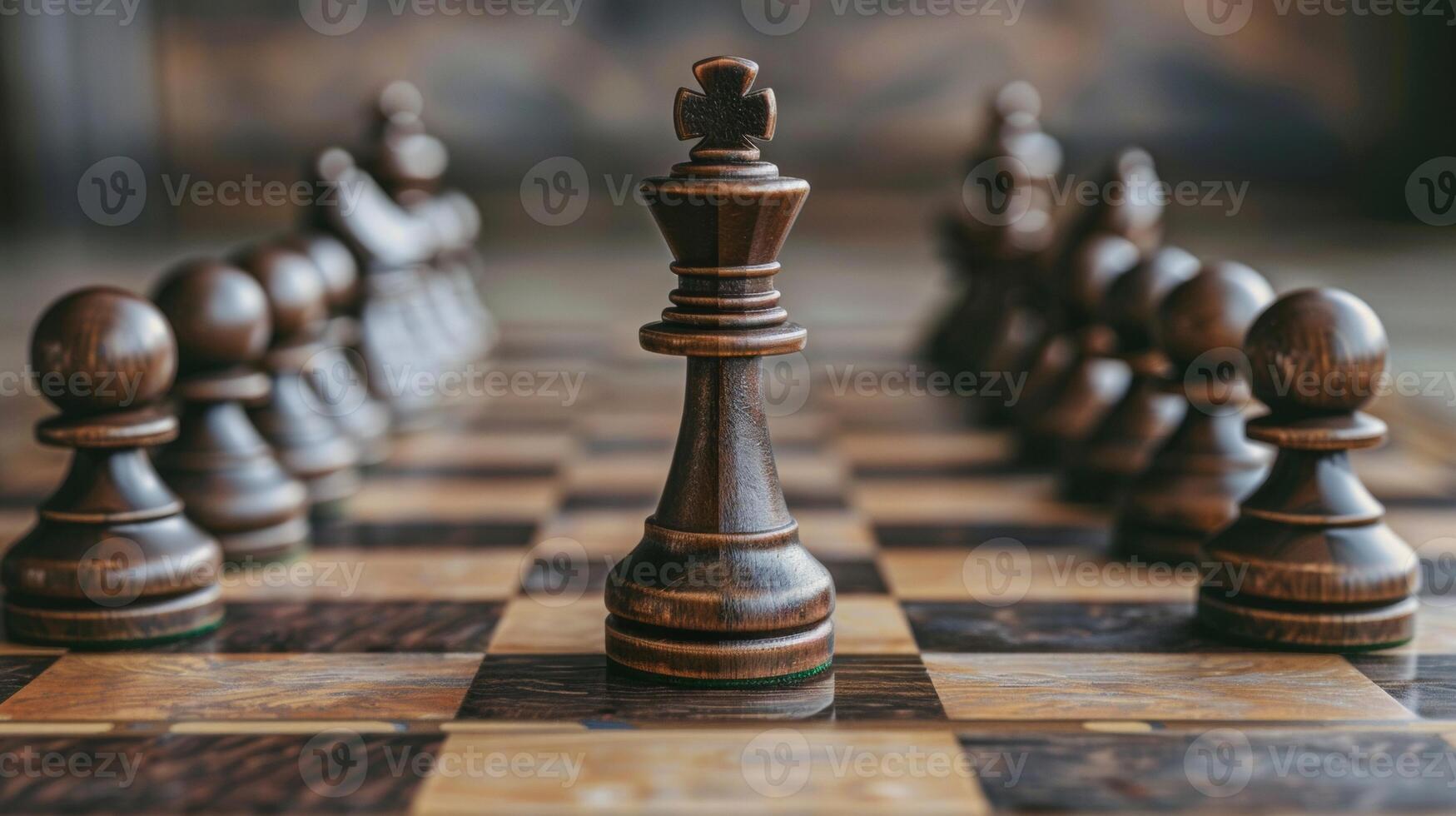 Close-up of a chessboard with a king and pawns arranged, highlighting the strategic and intellectual nature of the game. photo