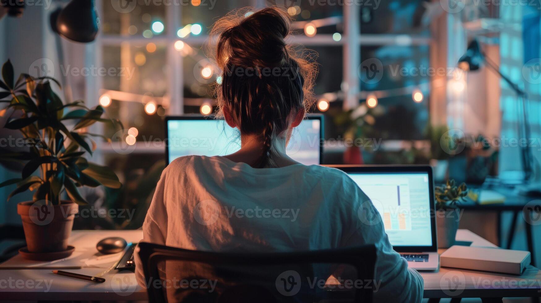 A woman working late on dual monitors in a cozy home office with warm string lights, potted plants, and a cup of coffee. photo