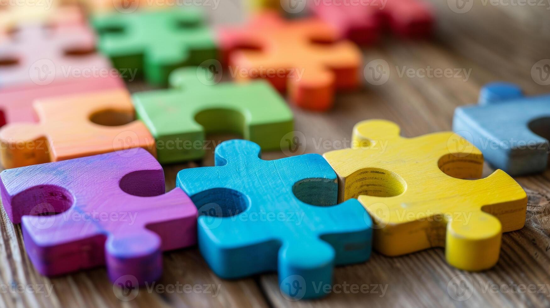 Close-up of colorful wooden puzzle pieces scattered on a rustic wooden table, representing creativity, problem-solving, and teamwork. photo