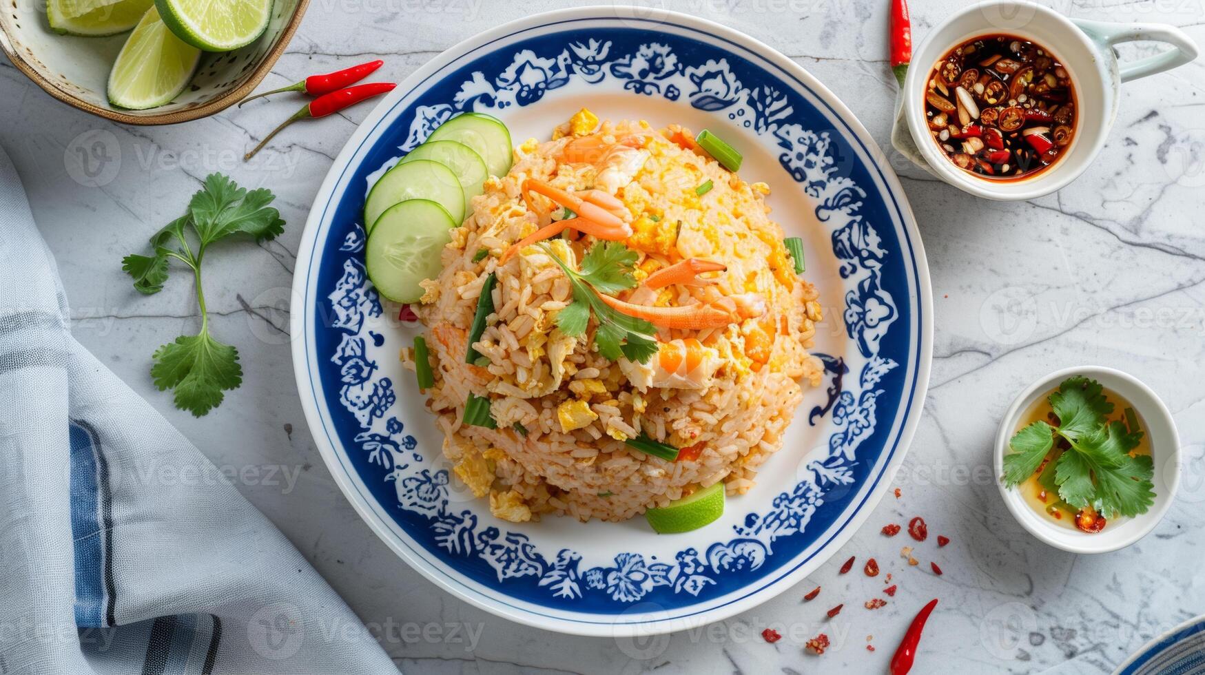Delicious Thai fried rice with crab, garnished with cucumber slices, cilantro, and lime, served with chili sauce on a decorative plate, Thai food. photo