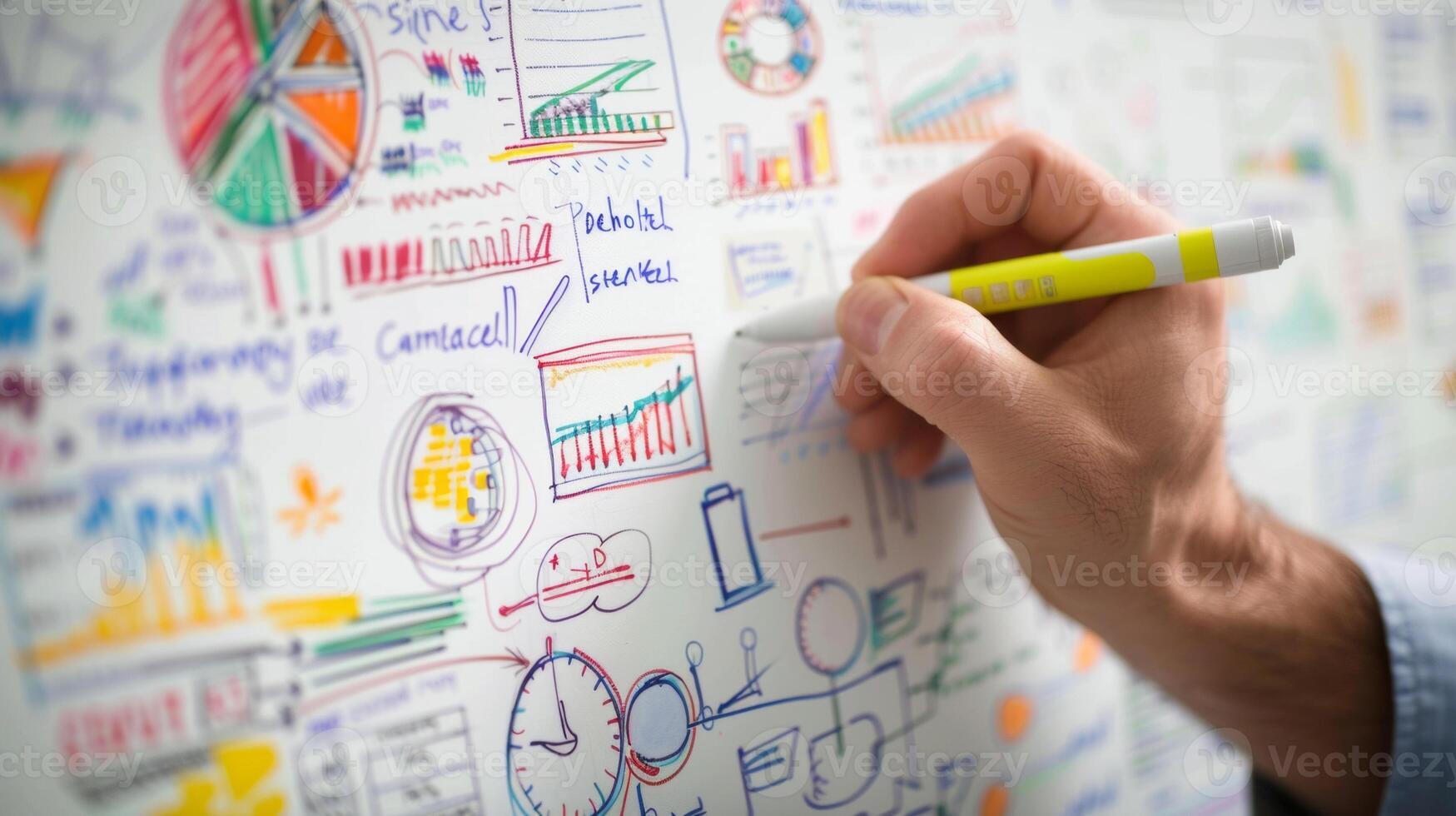 A person drawing colorful business diagrams and charts on a whiteboard, illustrating brainstorming, planning, and creative strategy development. photo