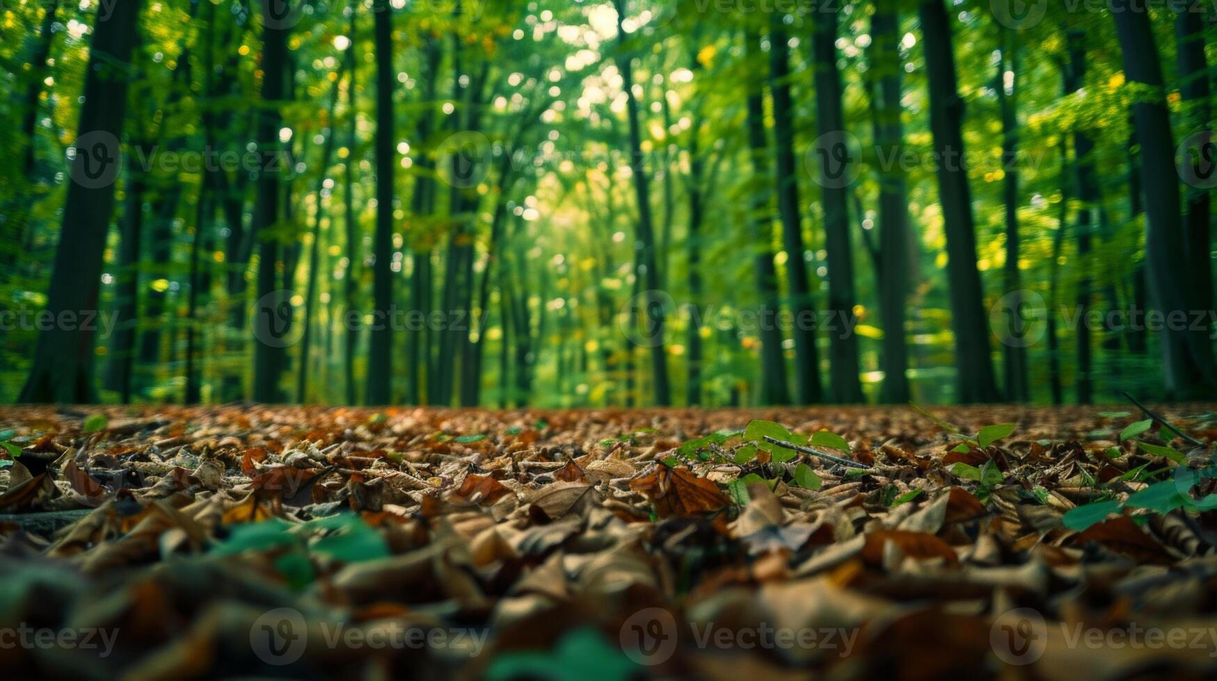 Close-up view of a forest floor blanketed in autumn leaves, with tall green trees in the background creating a tranquil scene. photo