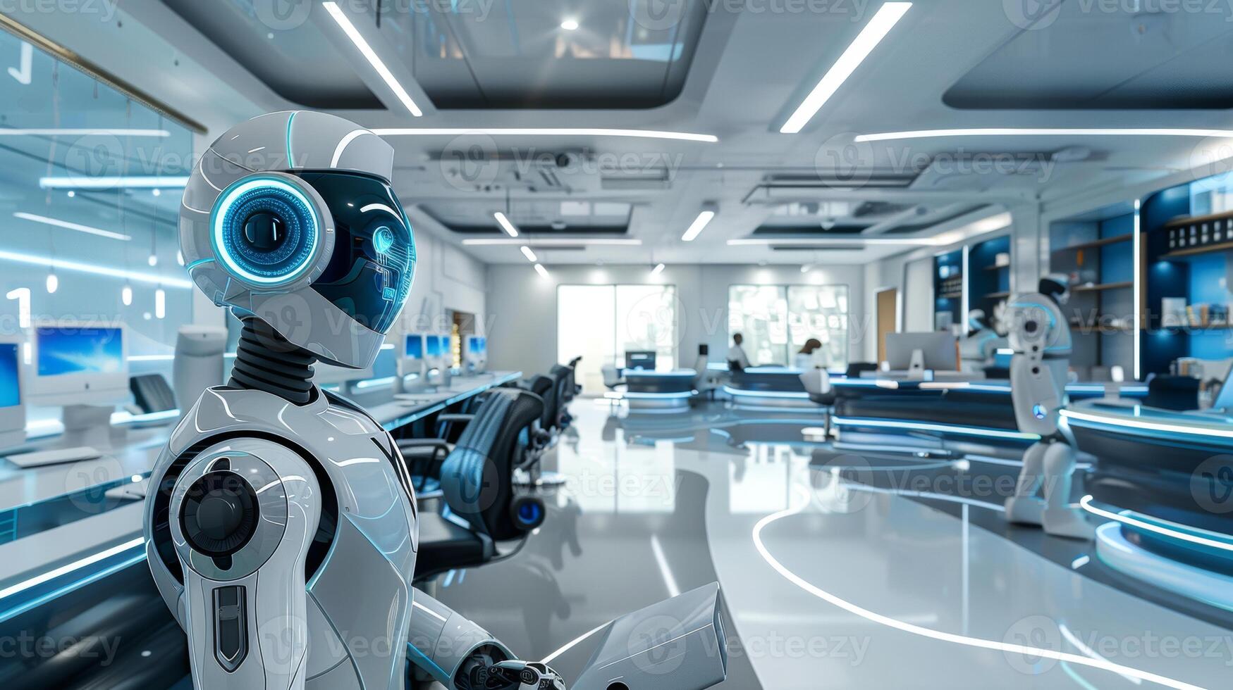A sleek, futuristic office featuring robots and advanced technology, with modern workstations and high-tech equipment in a bright, clean environment. photo