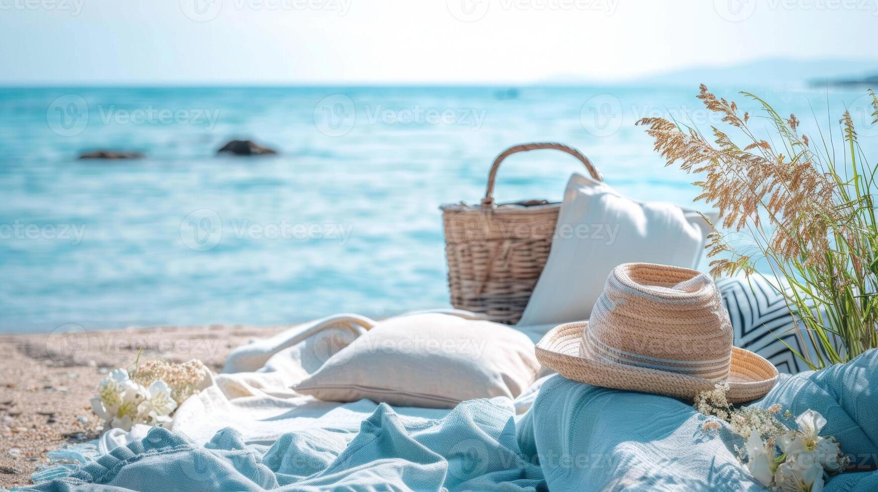 A cozy beach picnic setup with a blanket, pillows, a straw hat, and a wicker basket, overlooking the calm ocean. photo