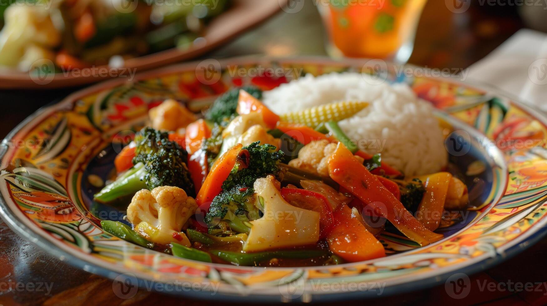 A vibrant plate of stir-fried vegetables served with steamed rice, featuring broccoli, carrots, cauliflower, and baby corn, highlighting a healthy and colorful meal. photo