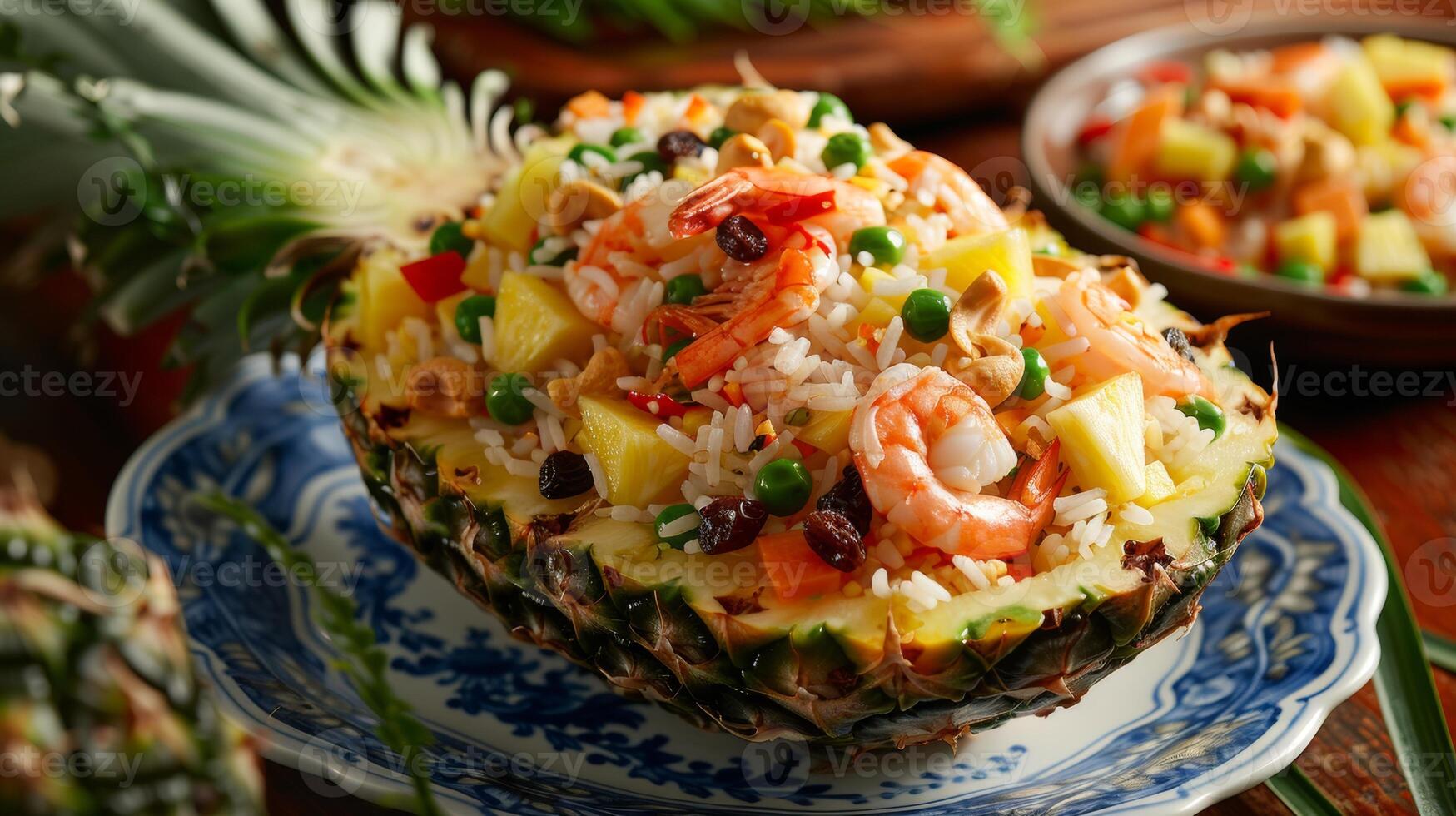 Delicious pineapple shrimp fried rice served in a pineapple shell, garnished with peas, cashews, and vegetables on a decorative plate, Thai food. photo