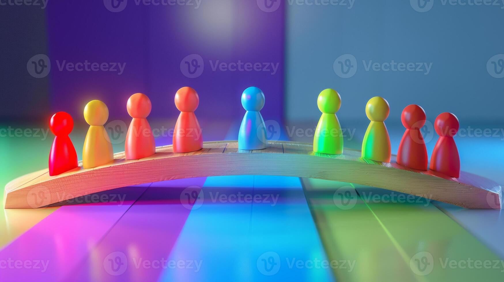A group of colorful wooden figures arranged on a curved wooden base, set against a vibrant, multi-colored background, symbolizing unity and diversity. photo