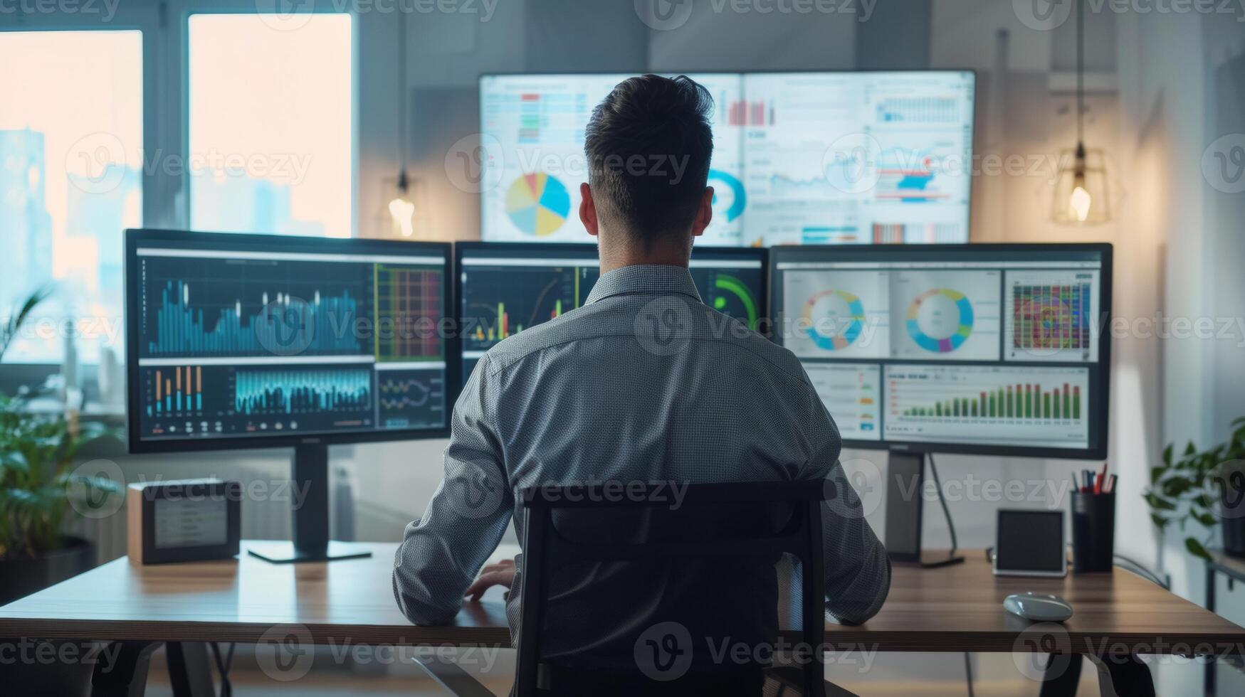 Man sitting at a desk in an office, analyzing data displayed on multiple monitors, surrounded by graphs and charts. photo