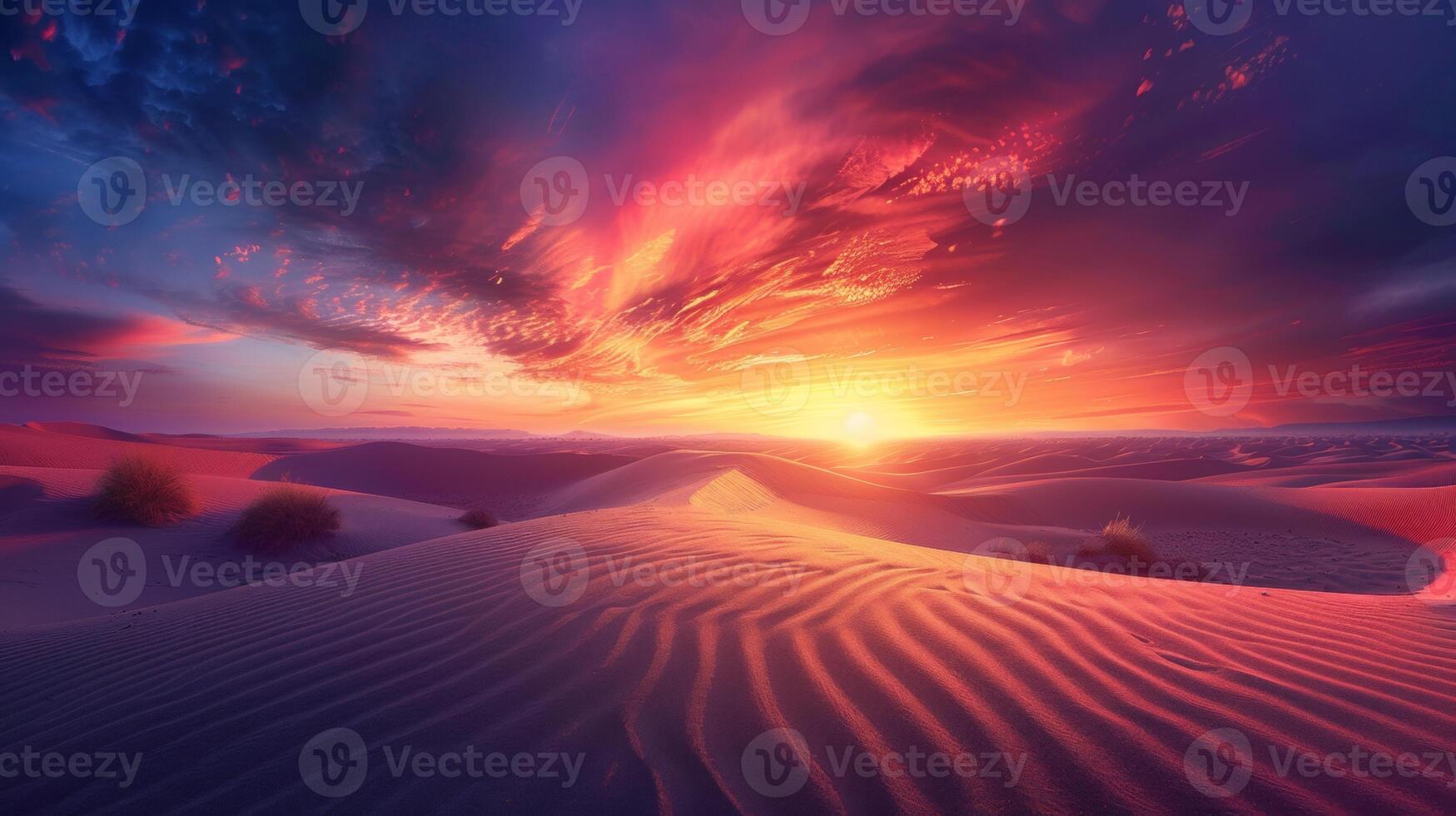 A stunning sunset casting vibrant colors over the vast, rolling dunes of a serene desert landscape, creating a breathtaking view. photo