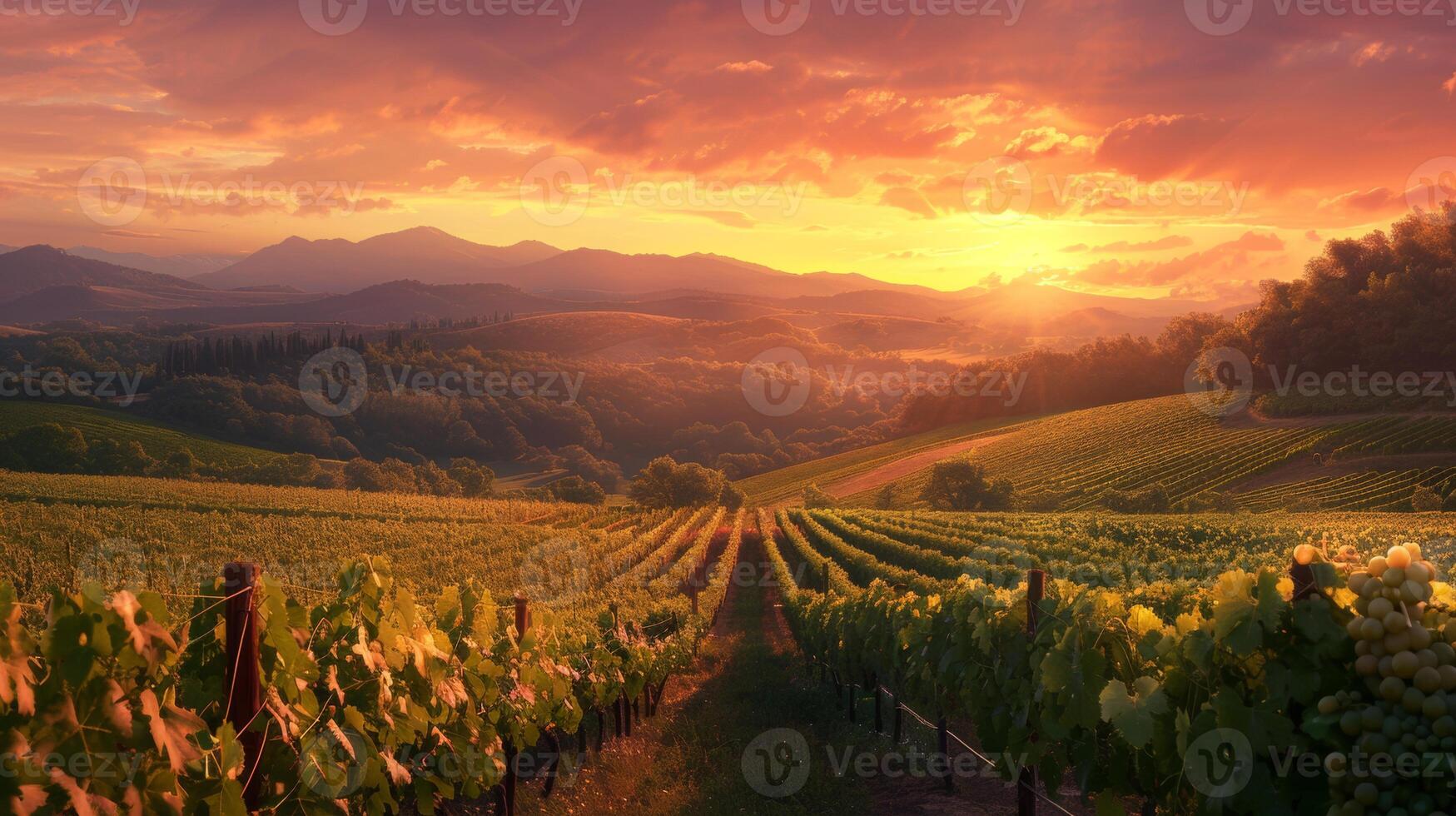 A picturesque vineyard stretches across rolling hills at sunset, with vibrant colors illuminating the landscape and creating a serene atmosphere. photo