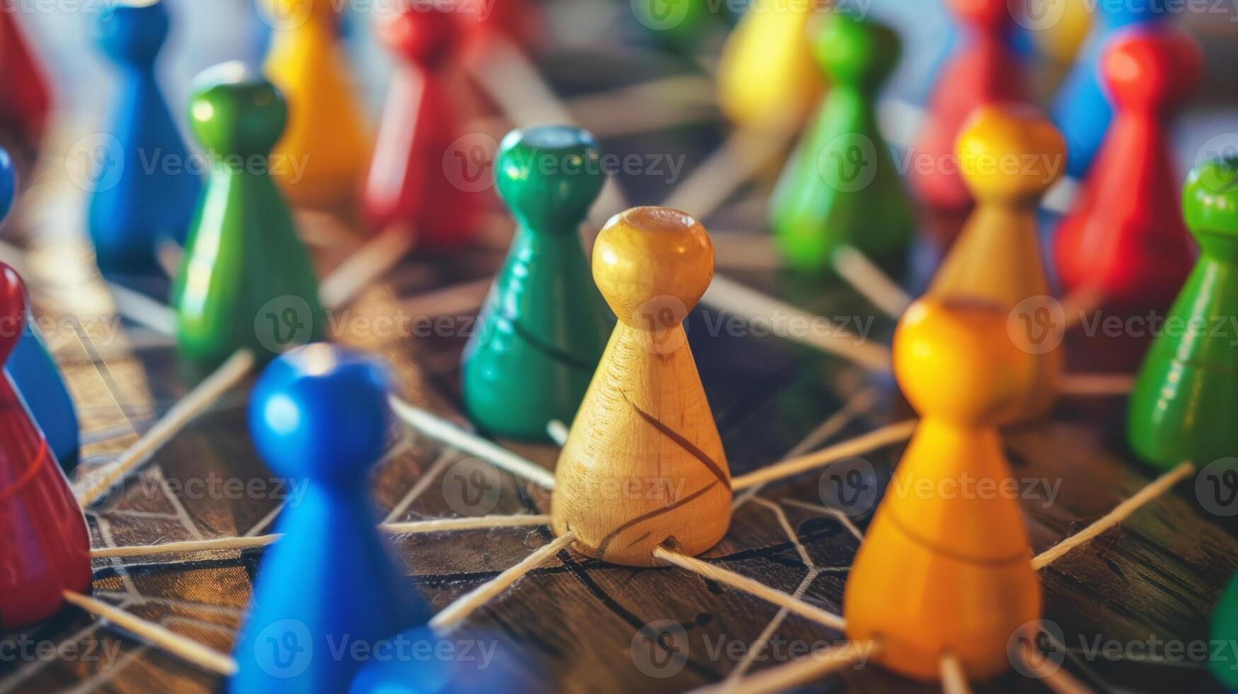 Close-up of colorful wooden figures connected by strings on a table, symbolizing teamwork, networking, and community in a vibrant setting. photo