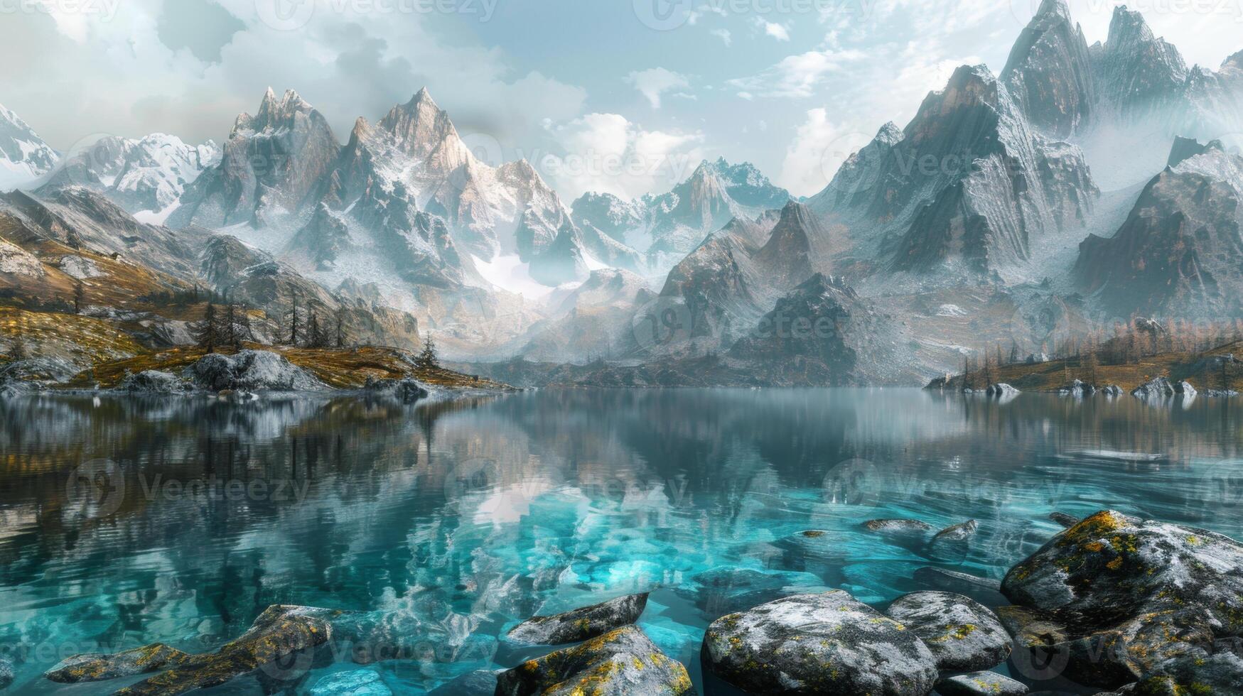 A pristine alpine lake with crystal clear water reflecting the surrounding snowy mountains under a partly cloudy sky, creating a breathtaking natural scene. photo