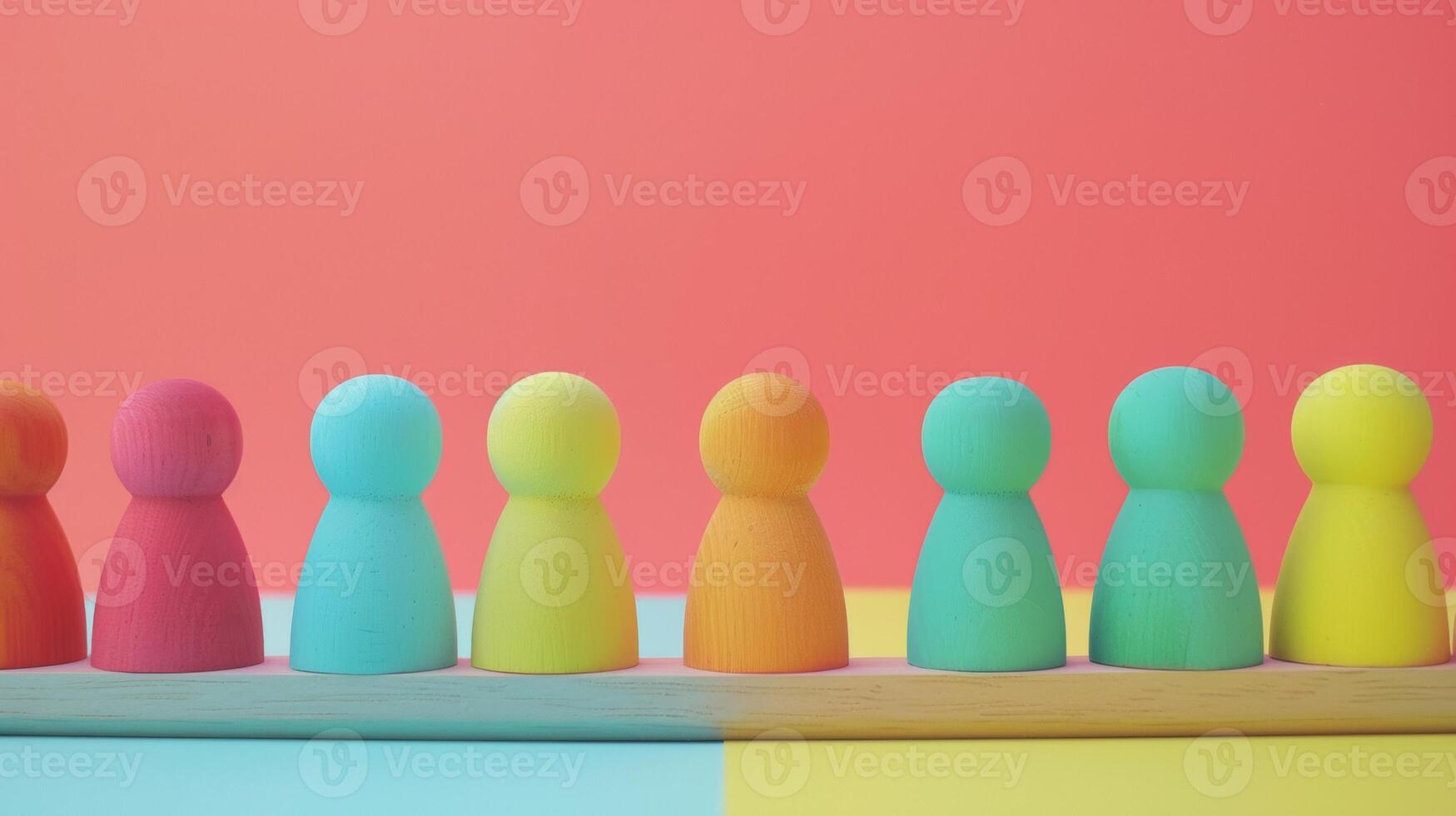 A row of colorful wooden figures arranged neatly on a wooden base, set against a vibrant, two-tone background, representing diversity and unity. photo