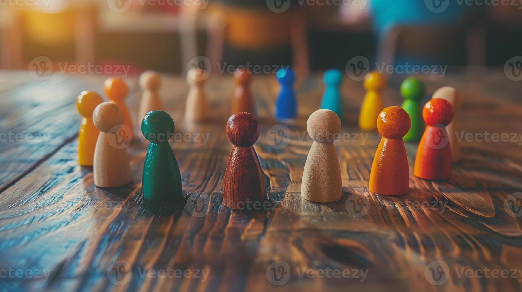 A variety of colorful wooden figures arranged on a rustic wooden table, symbolizing diversity, community, and teamwork in a warm setting. photo